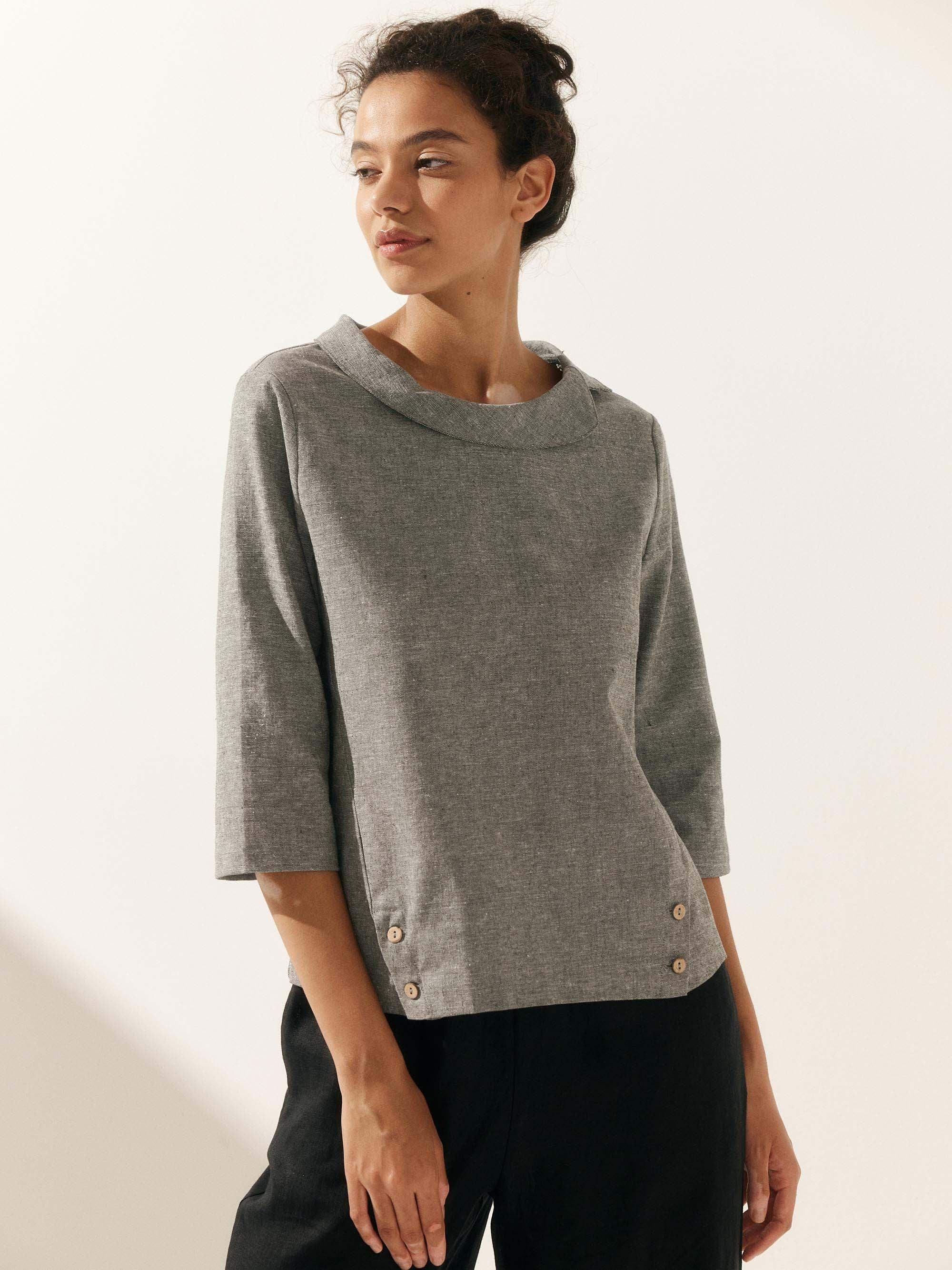 Linen Gingham Checked Round Soft-Fold Collar Top - Neutral Grey / S - TOPS-Linen Blouses