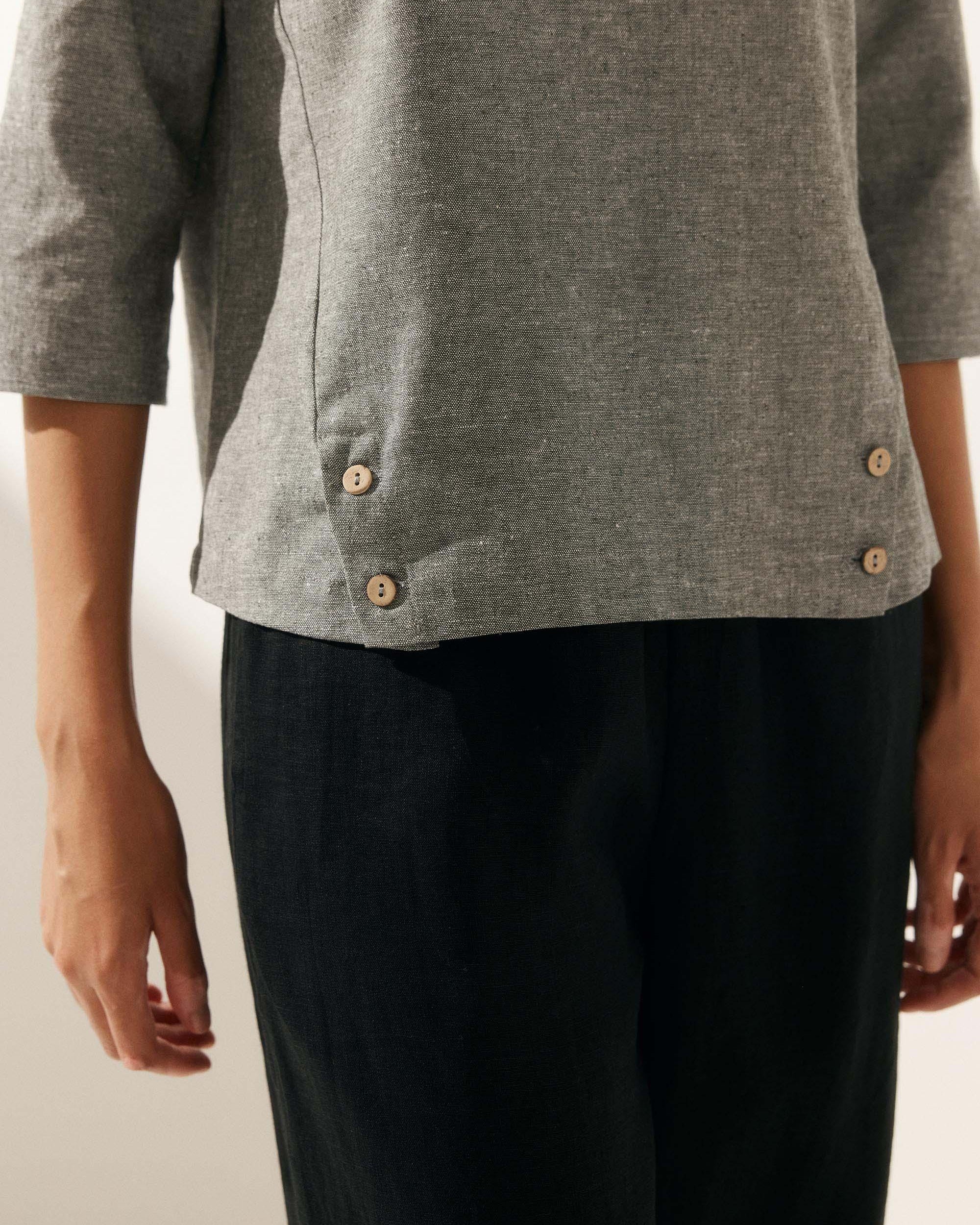 Linen Gingham Checked Round Soft-Fold Collar Top - TOPS-Linen Blouses
