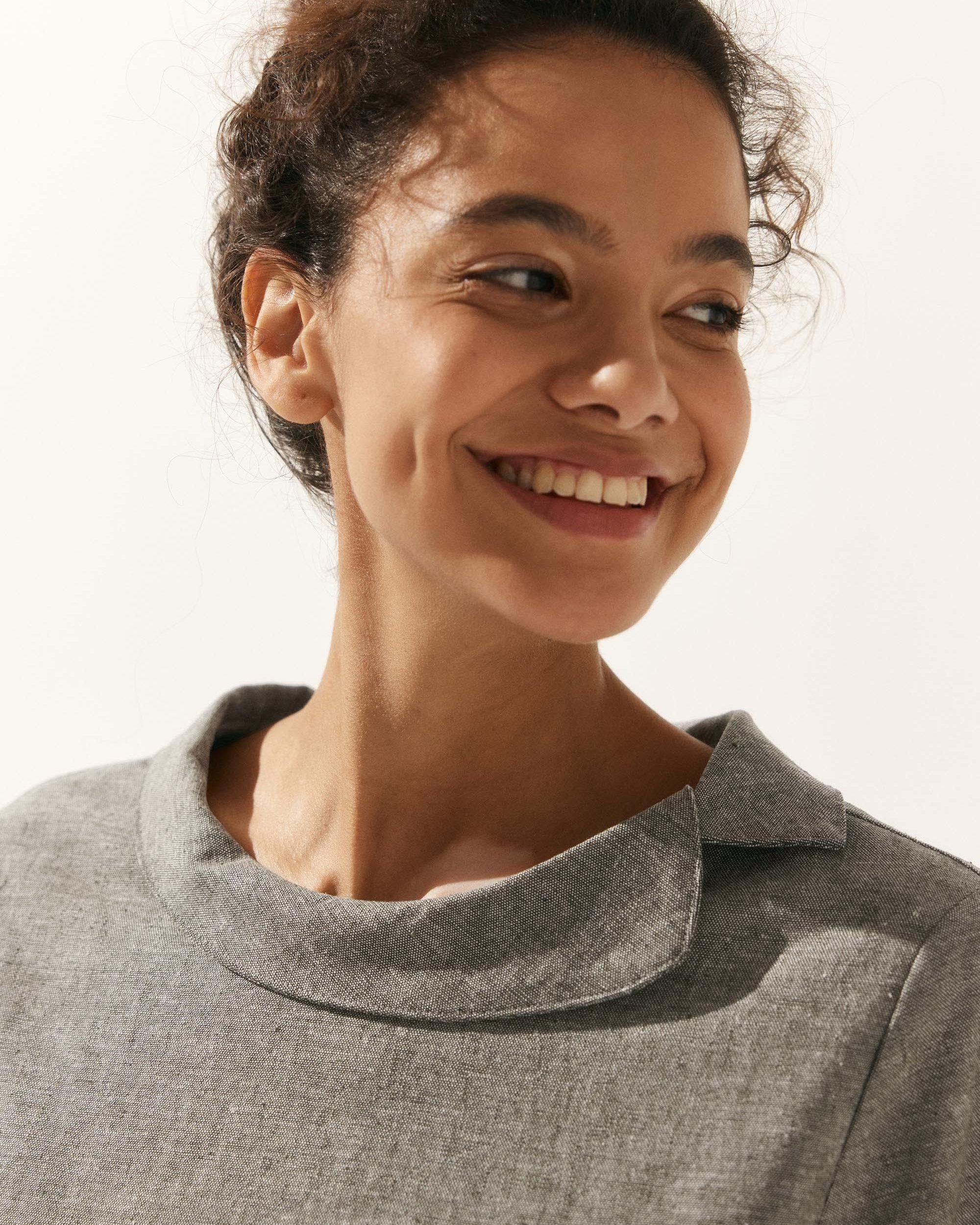 Linen Gingham Checked Round Soft-Fold Collar Top - TOPS-Linen Blouses