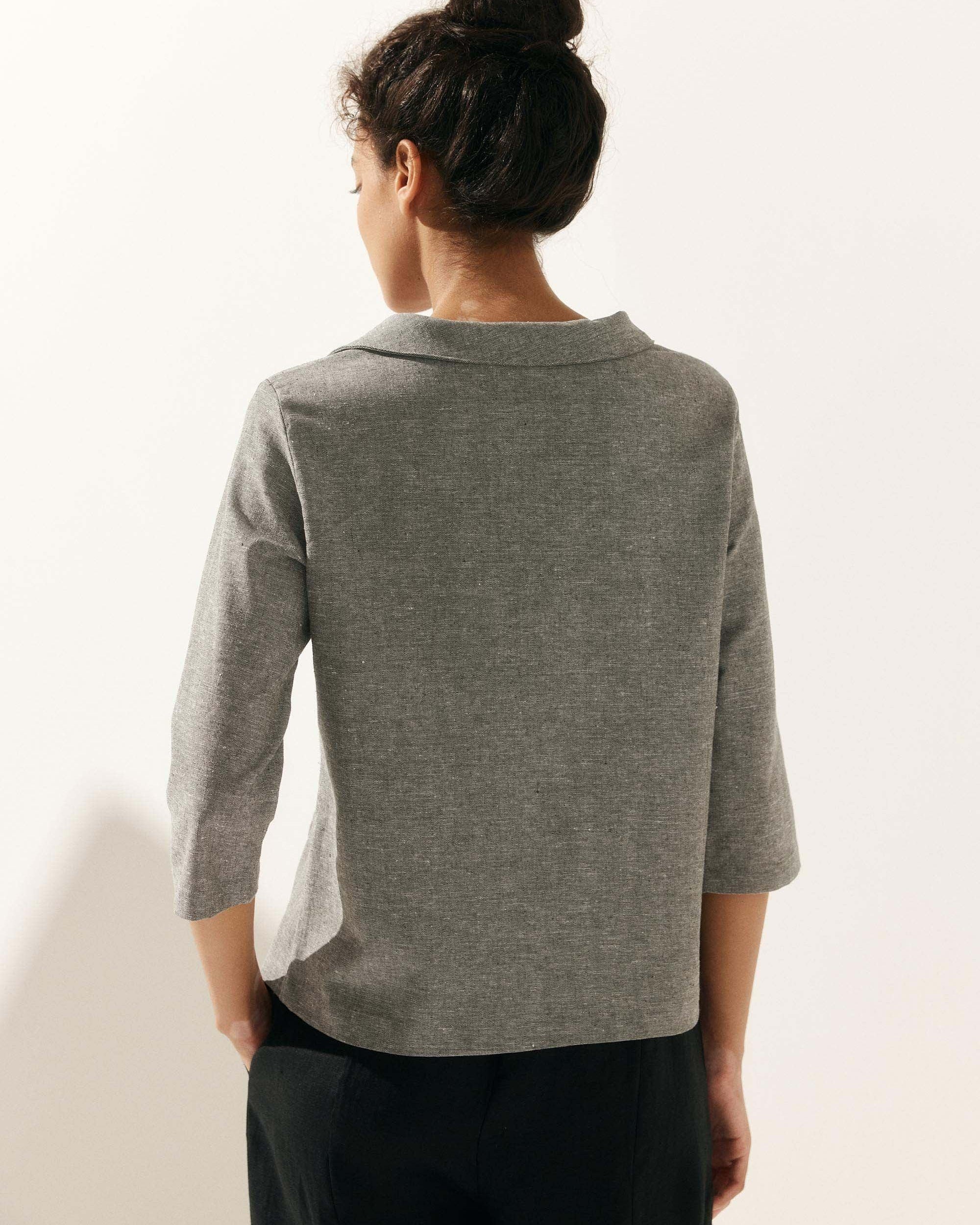 Linen Round Soft-Fold Collar Top ANAIS - TOPS-Linen Blouses