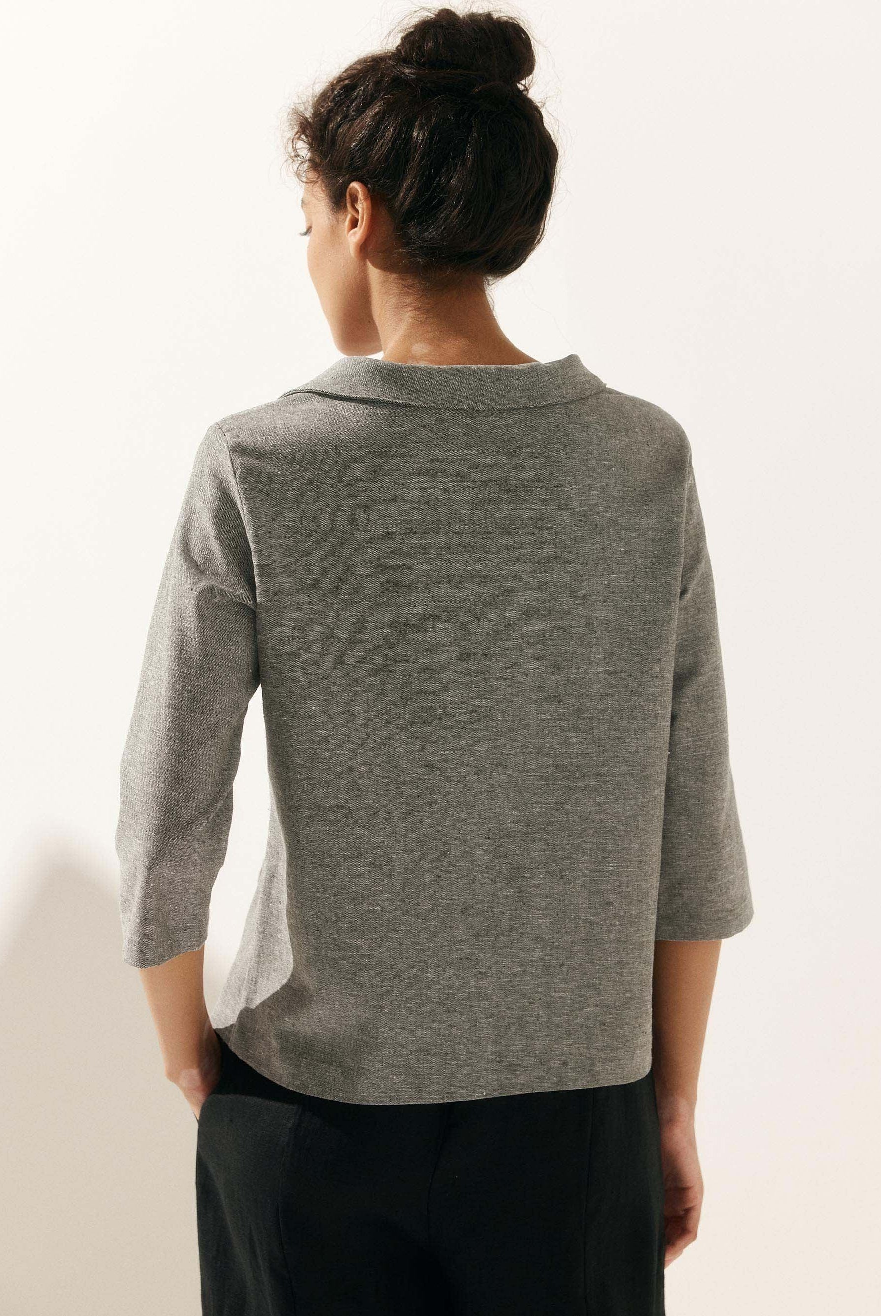 Linen Round Soft-Fold Collar Top ANAIS - TOPS-Linen Blouses