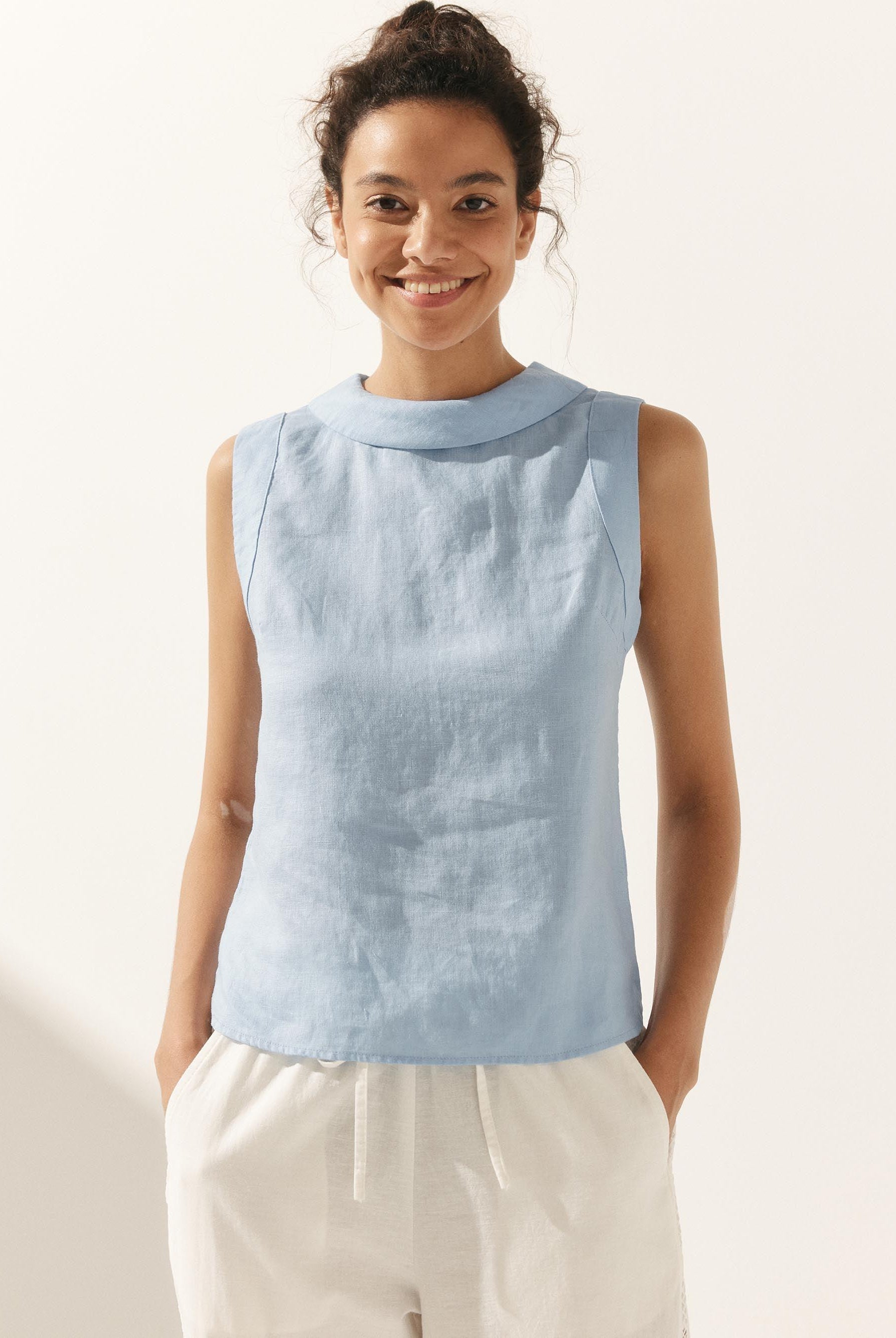 100% Linen Draped Collar Tank Top JACQUELINE - Ice Blue / S - TOPS-Linen Tanks