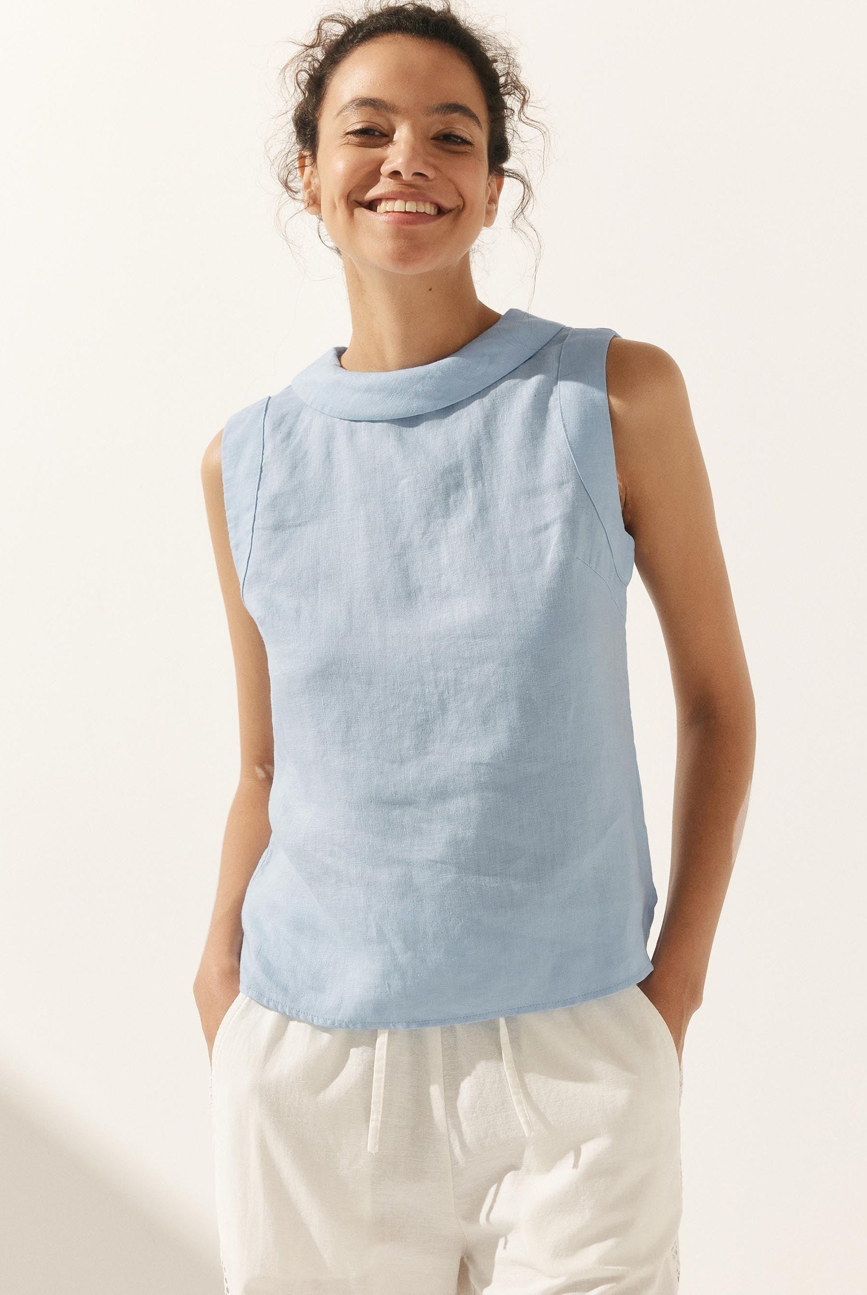 100% Linen Draped Collar Tank Top JACQUELINE - TOPS-Linen Tanks
