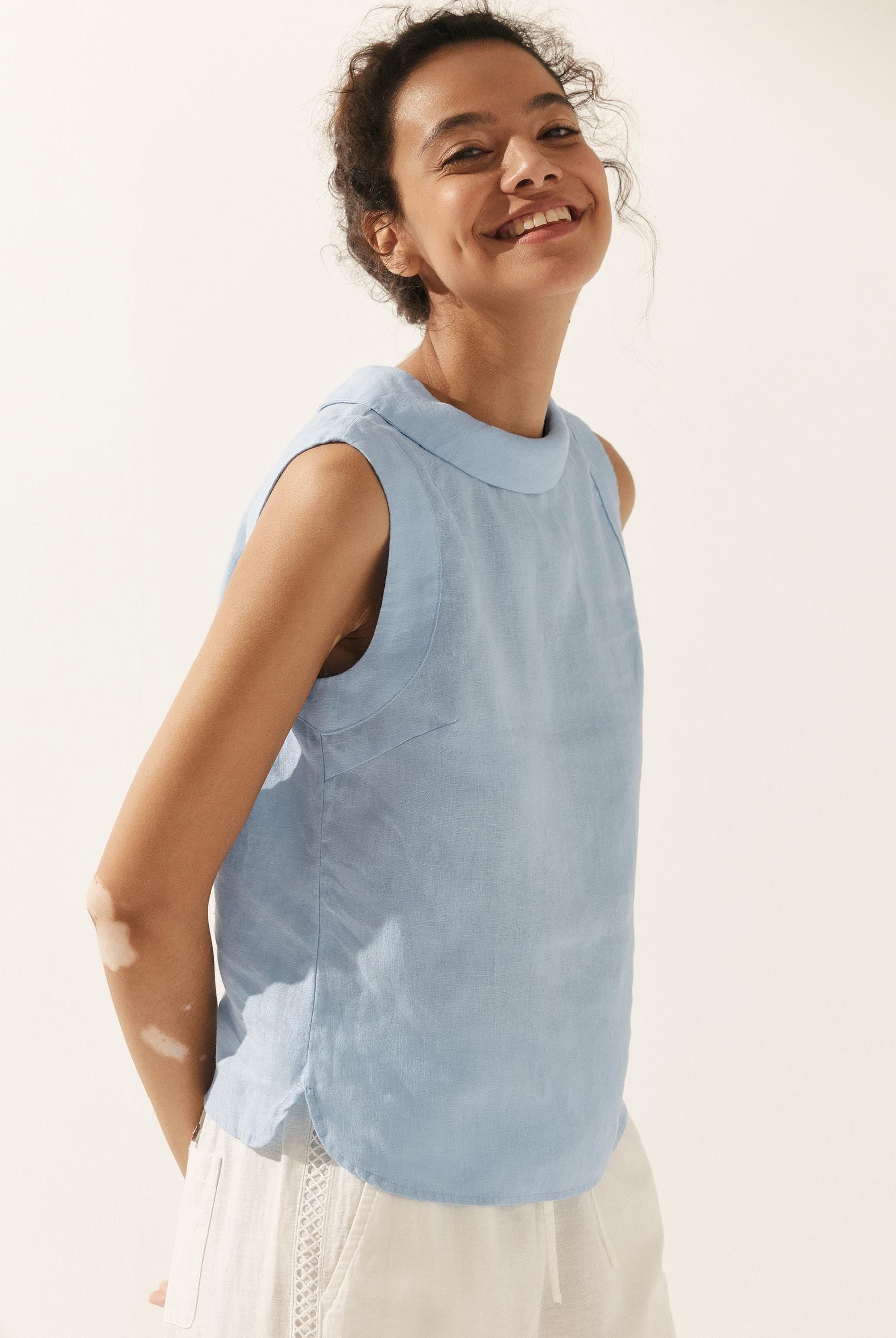 100% Linen Draped Collar Tank Top JACQUELINE - TOPS-Linen Tanks