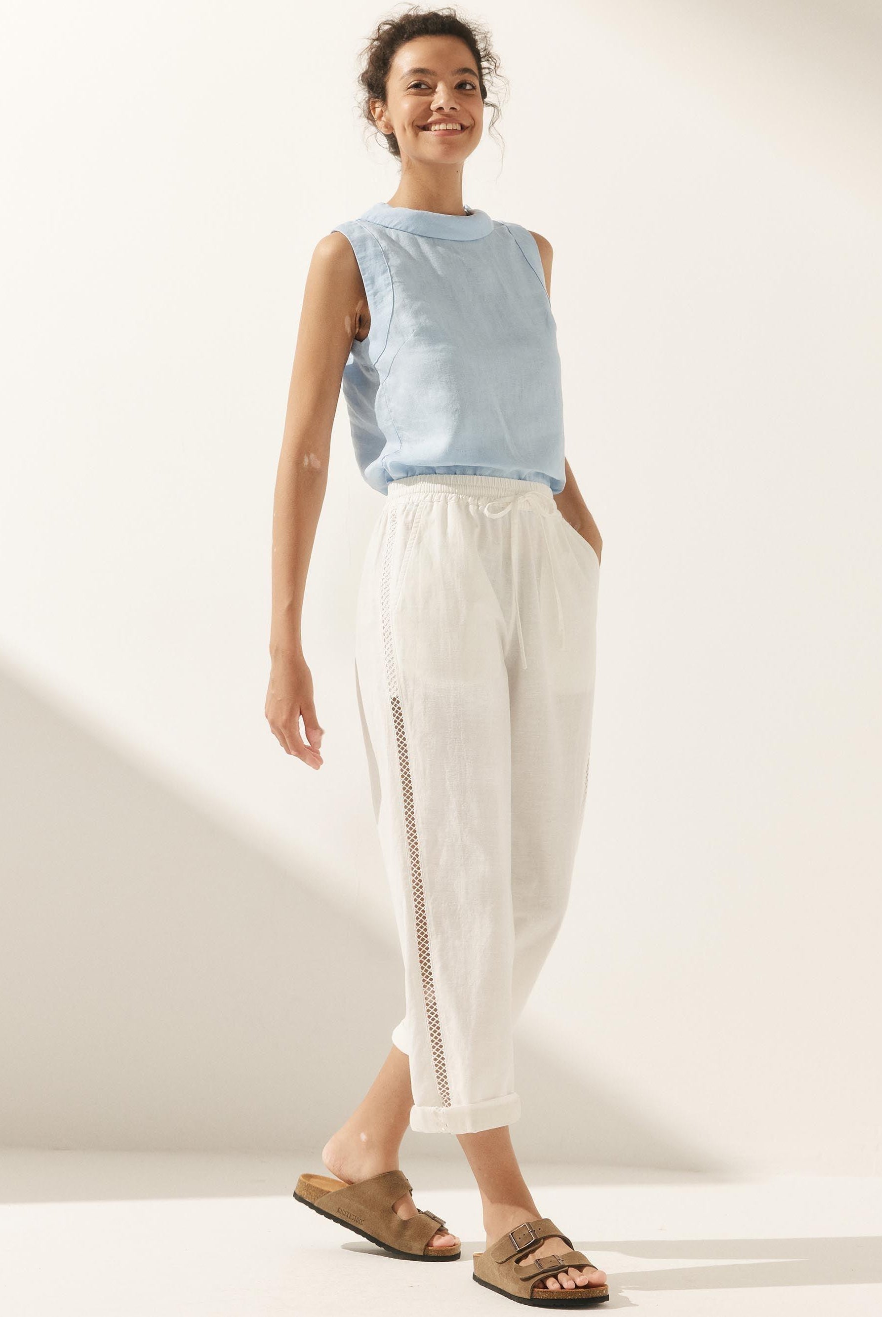 Linen Cropped Hollow Lace Stitching Ankle Length Pants - BOTTOMS-Linen