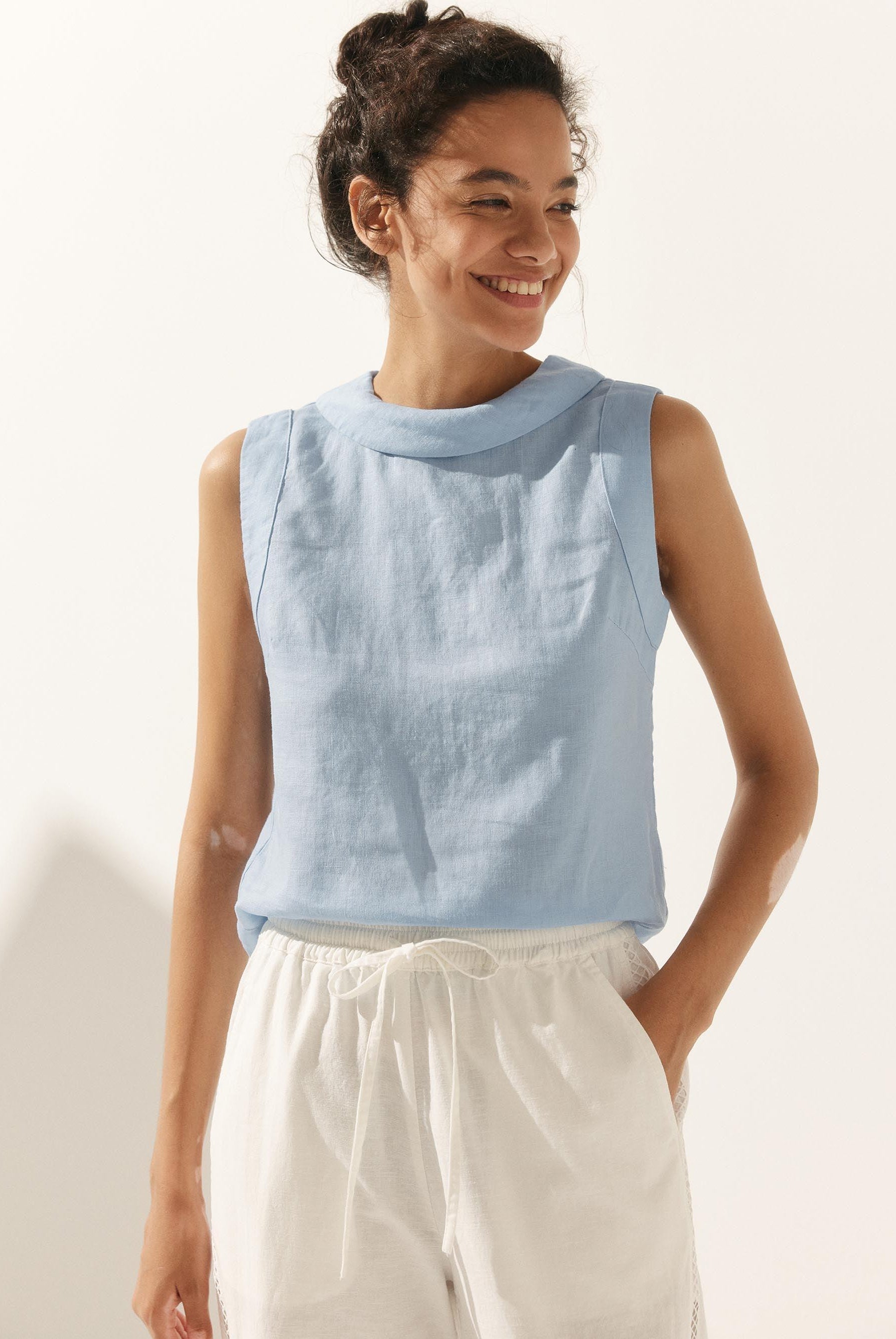 100% Linen Draped Collar Tank Top JACQUELINE - TOPS-Linen Tanks