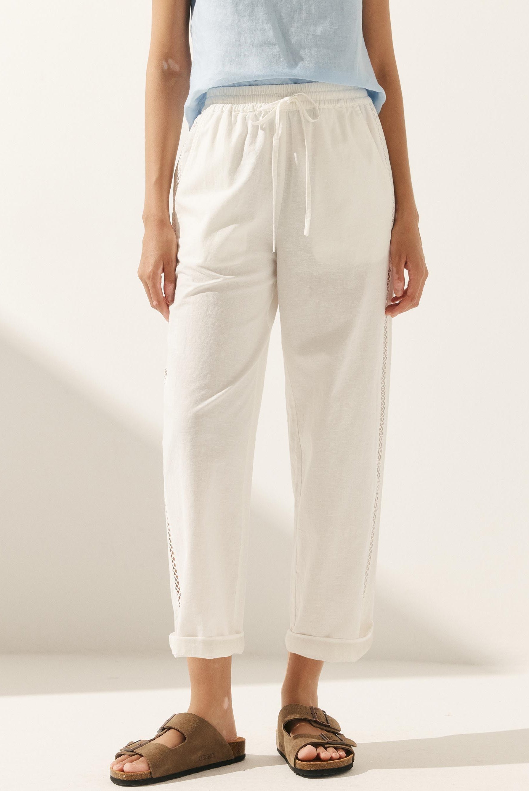 Linen Cropped Hollow Lace Stitching Ankle Length Pants - BOTTOMS-Linen