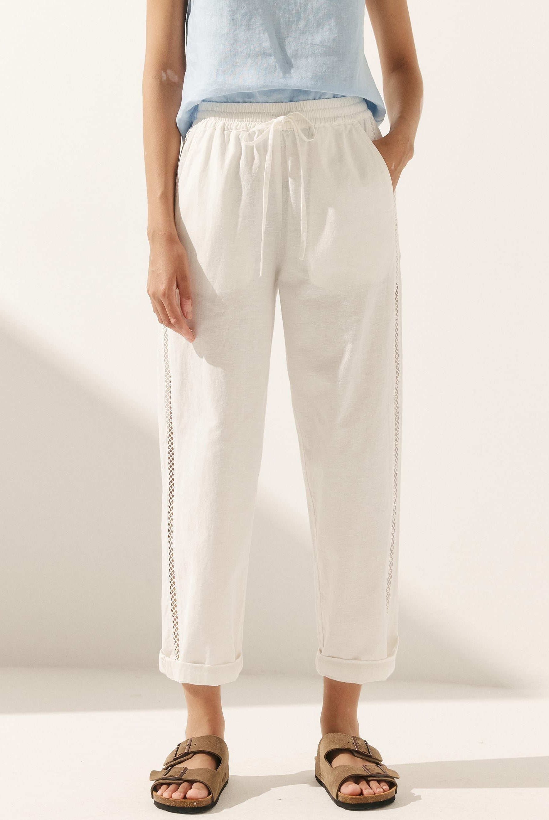 Linen Cropped Hollow Lace Stitching Ankle Length Pants - BOTTOMS-Linen