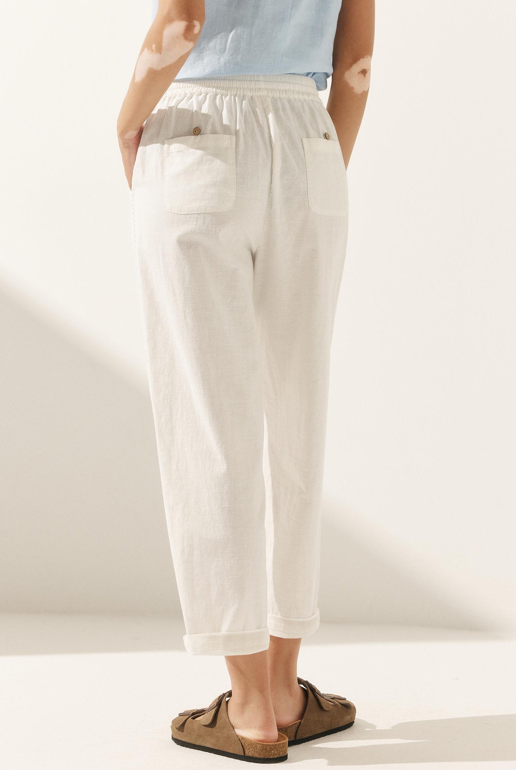 Linen Cropped Hollow Lace Stitching Ankle Length Pants - BOTTOMS-Linen