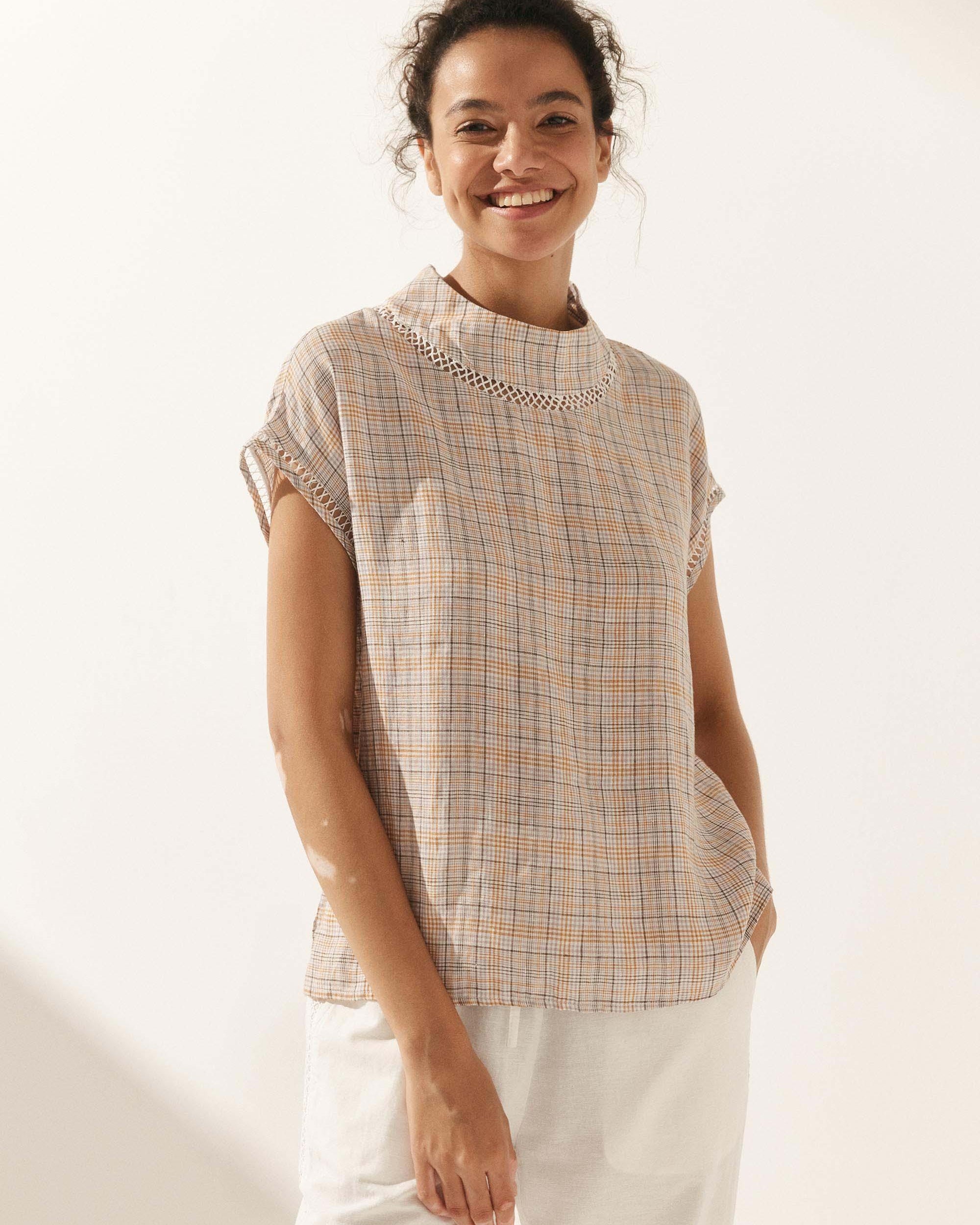 Linen Cutout Turtleneck Top - Amber Blush Plaid / XS - TOPS-Linen Blouses