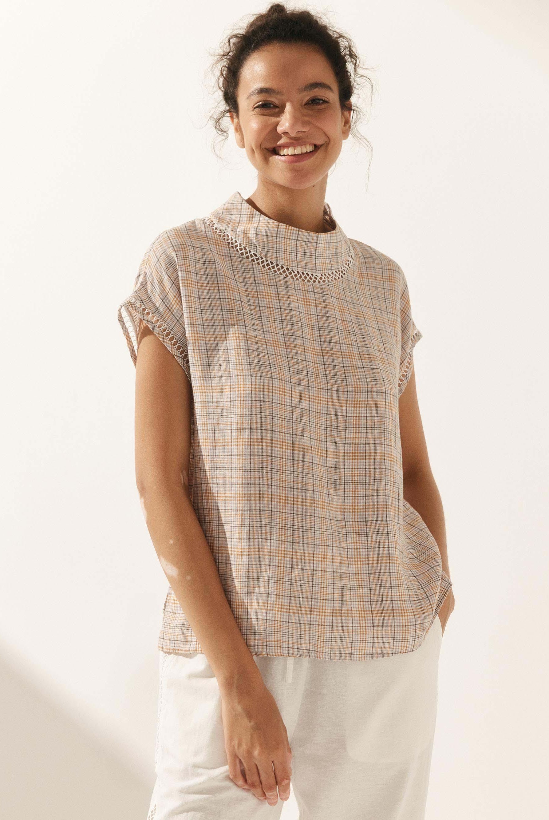 100% Linen Gingham Checked Cutout Turtleneck Top - Amber Blush Plaid / XS - TOPS-Linen Blouses