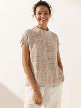 100% Linen Gingham Checked Cutout Turtleneck Top - Amber Blush Plaid / XS - TOPS-Linen Blouses