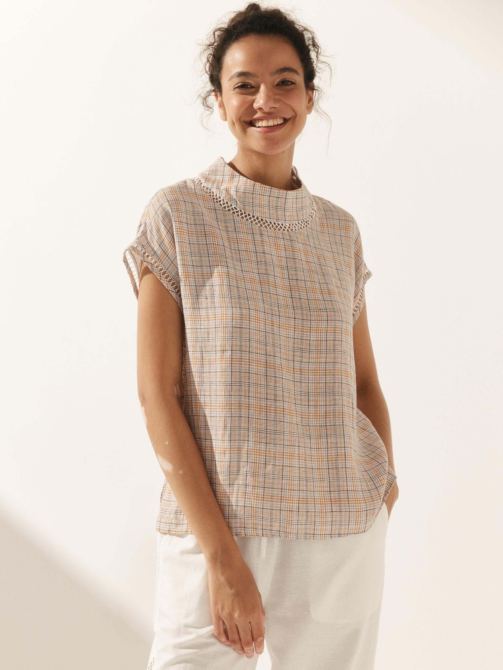 100% Linen Gingham Checked Cutout Turtleneck Top - Amber Blush Plaid / XS - TOPS-Linen Blouses