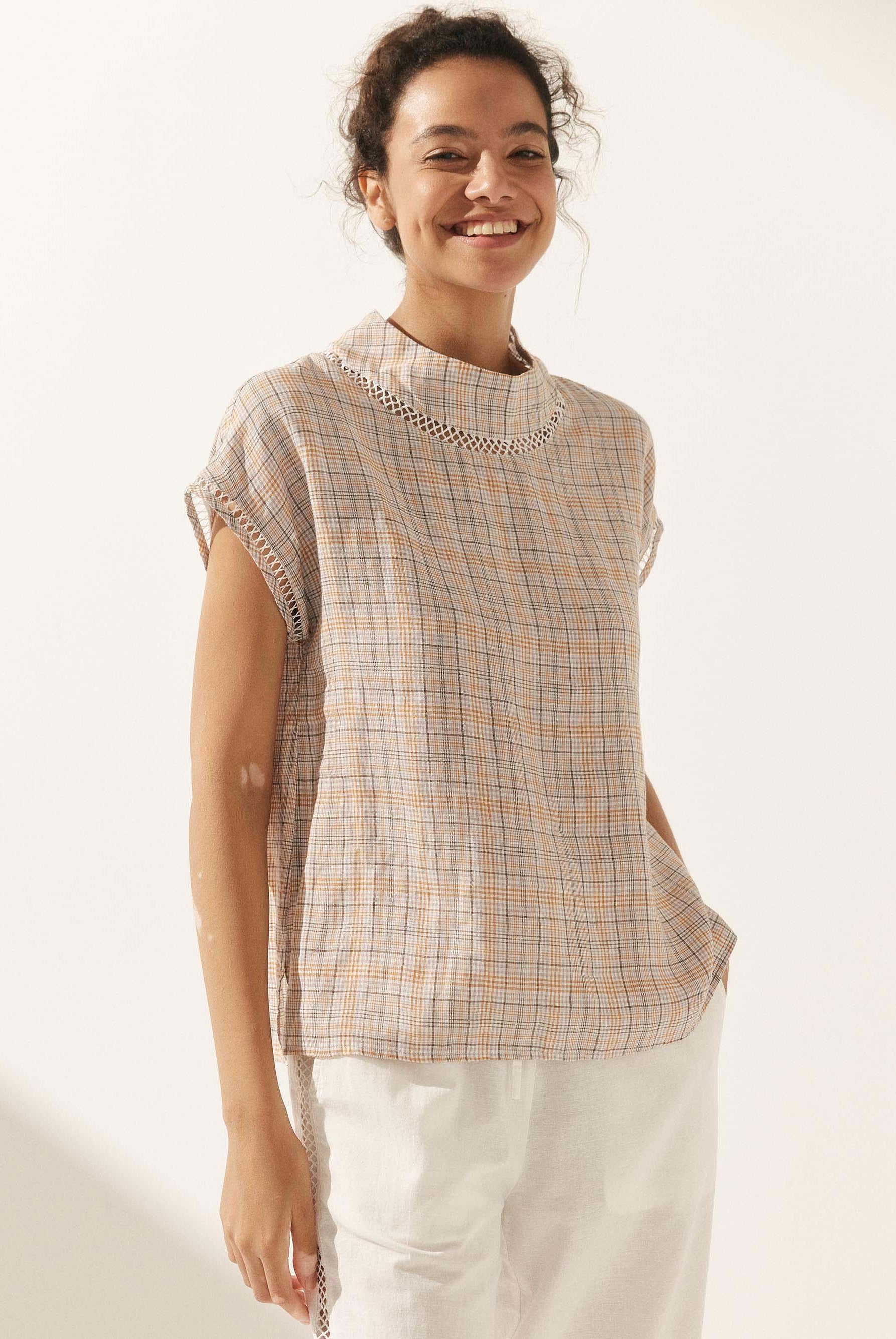 100% Linen Gingham Checked Cutout Turtleneck Top - TOPS-Linen Blouses
