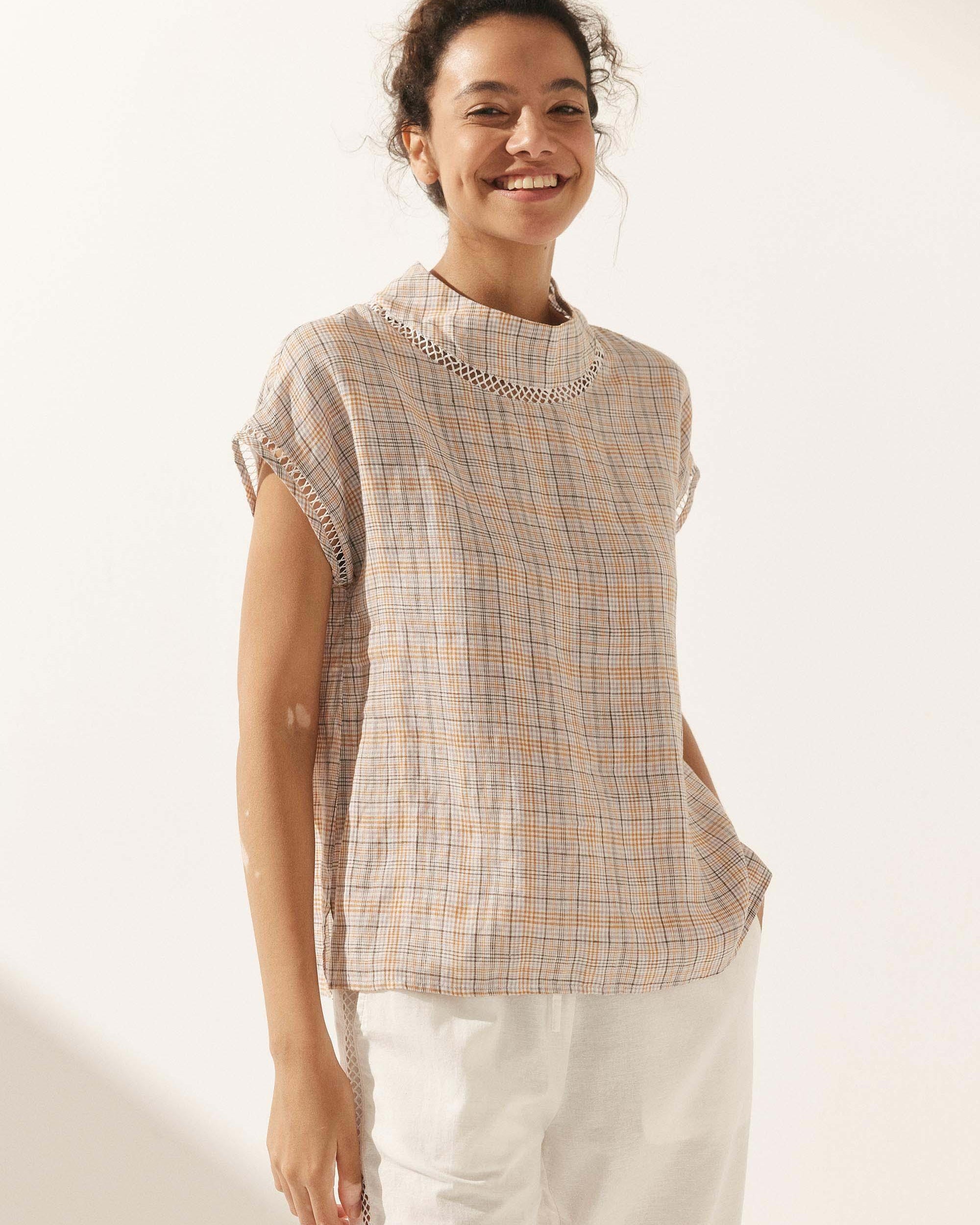 Linen Cutout Turtleneck Top - TOPS-Linen Blouses