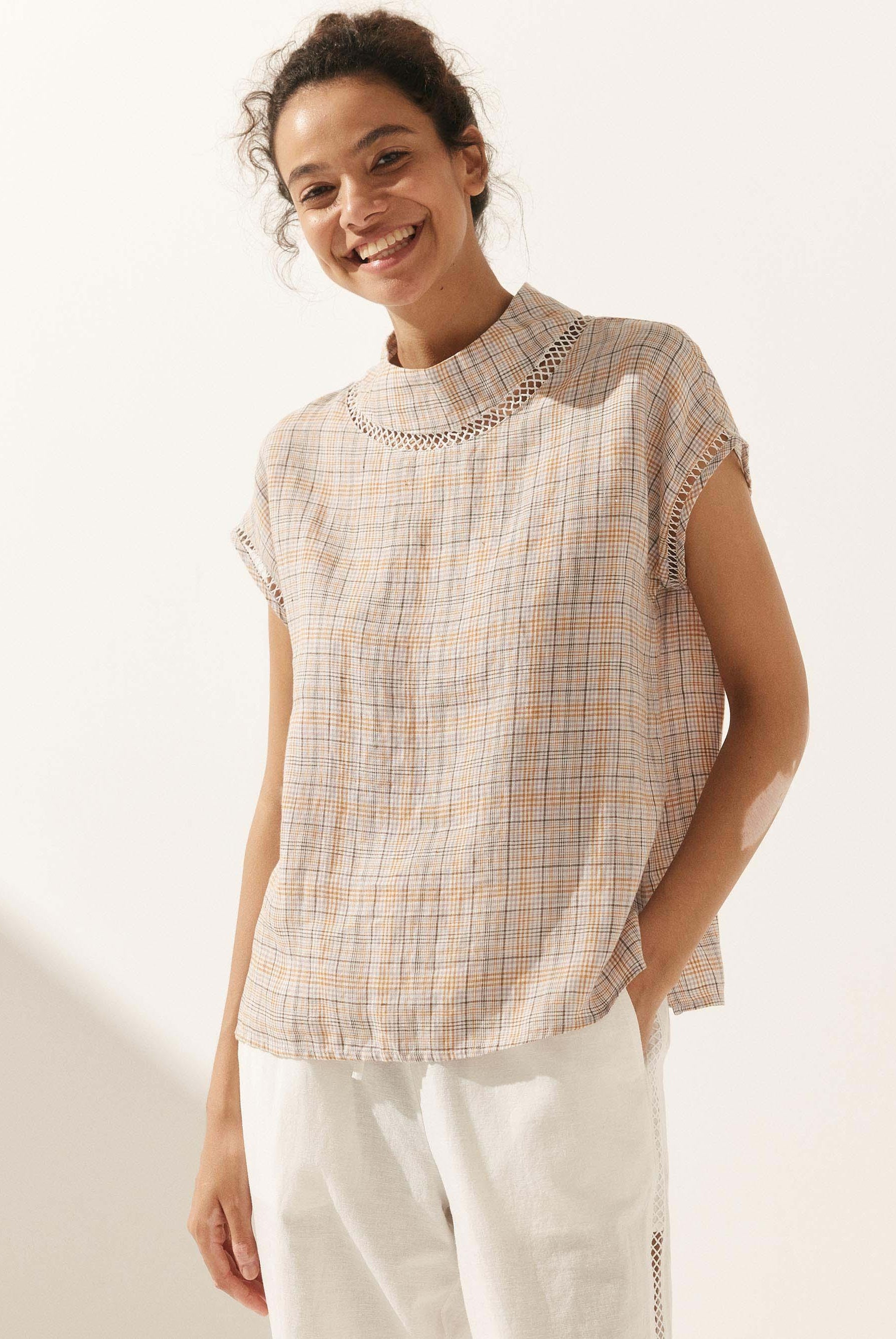 100% Linen Gingham Checked Cutout Turtleneck Top - TOPS-Linen Blouses