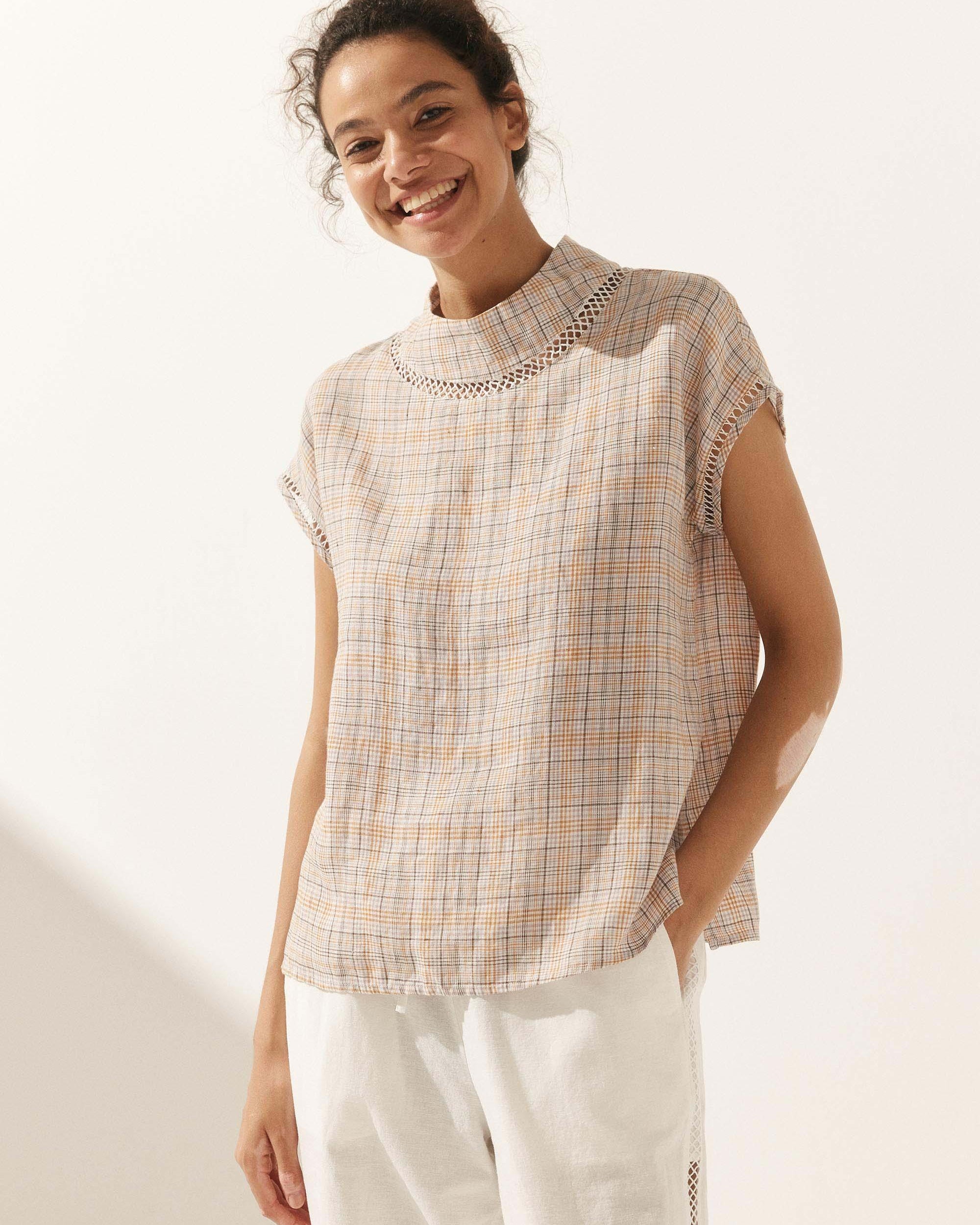 Linen Cutout Turtleneck Top - TOPS-Linen Blouses