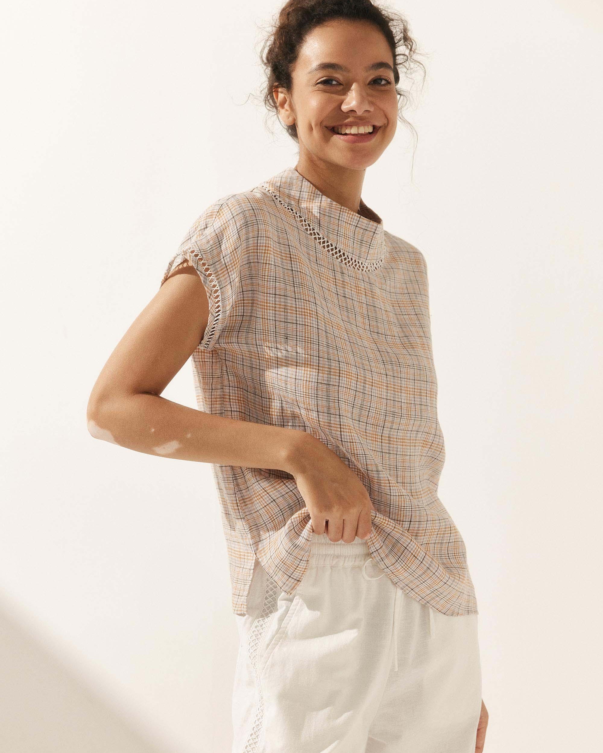 Linen Cutout Turtleneck Top - TOPS-Linen Blouses