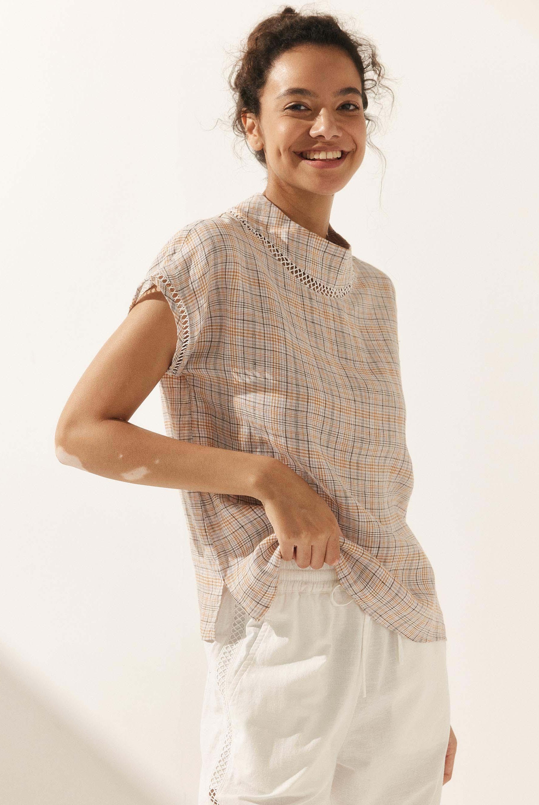 Linen Cutout Turtleneck Top - TOPS-Linen Blouses