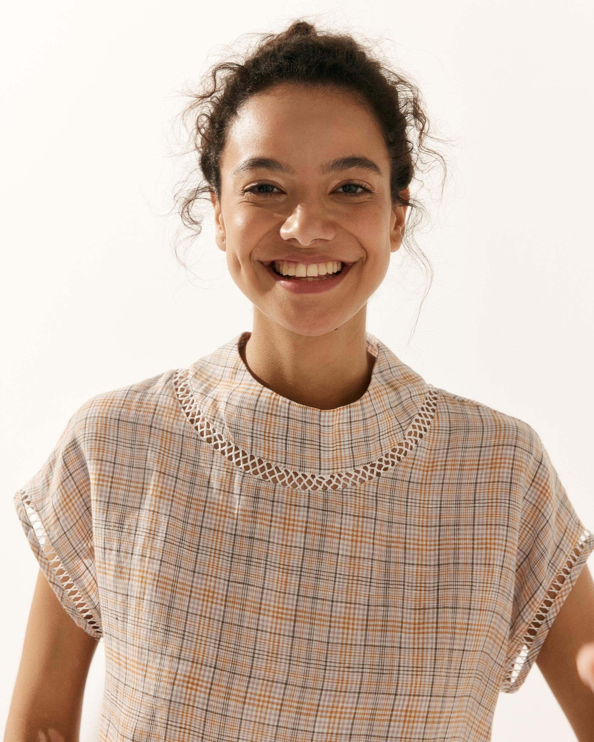 100% Linen Gingham Checked Cutout Turtleneck Top - TOPS-Linen Blouses