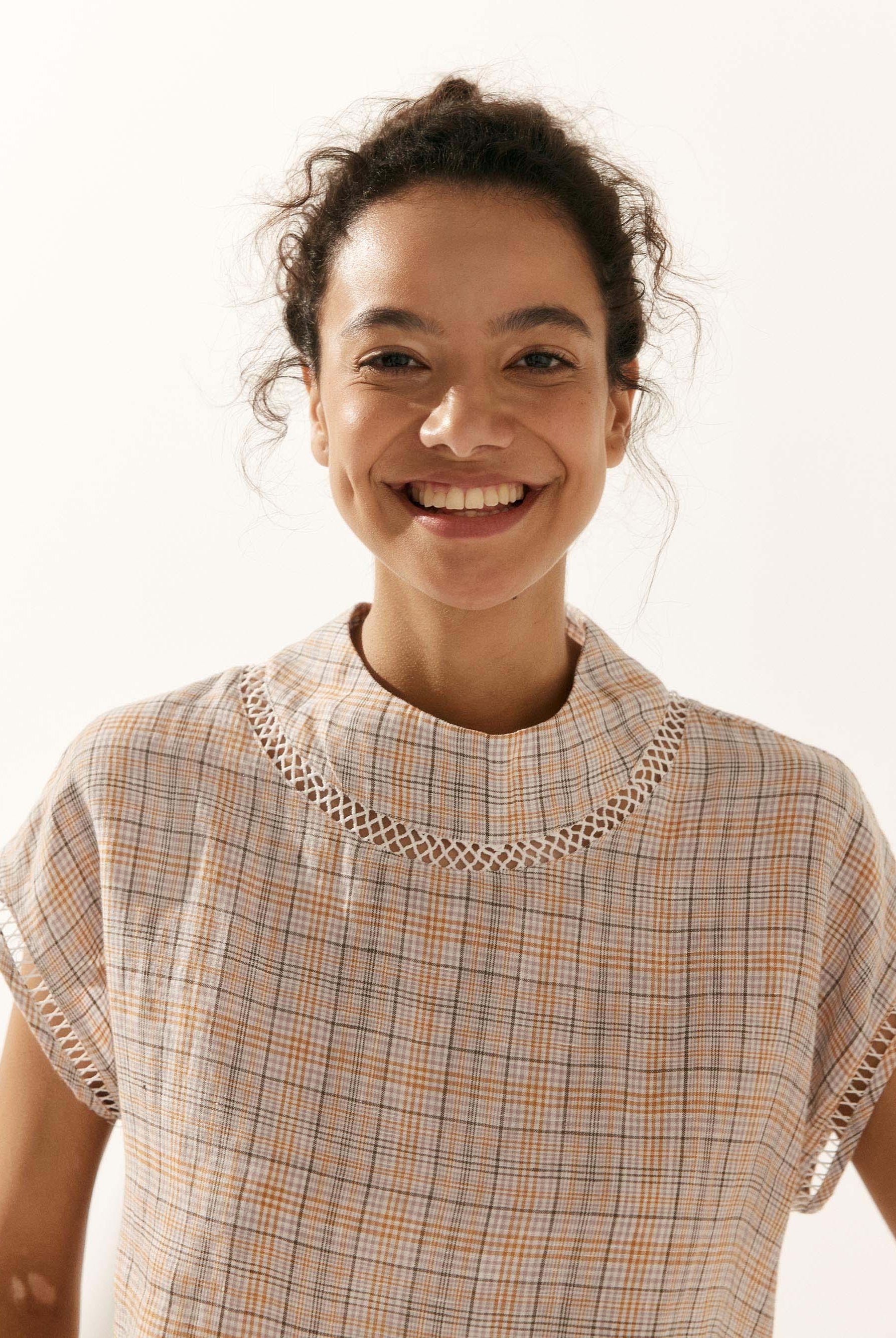 100% Linen Gingham Checked Cutout Turtleneck Top - TOPS-Linen Blouses