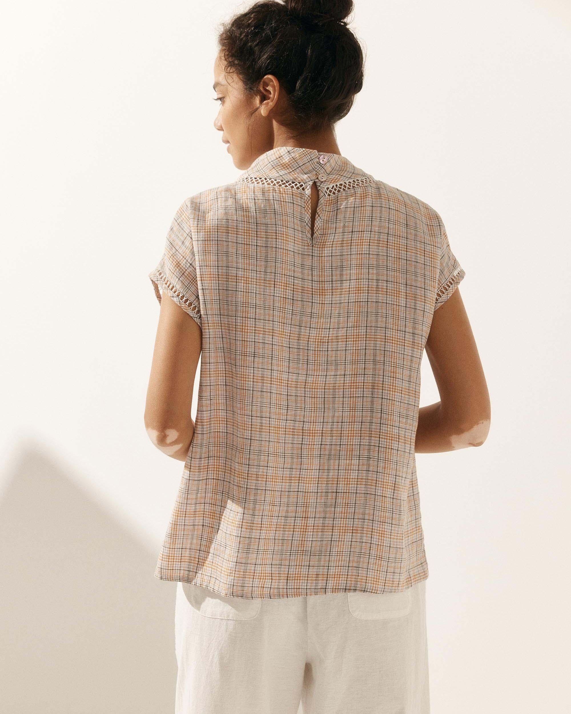 Linen Cutout Turtleneck Top - TOPS-Linen Blouses