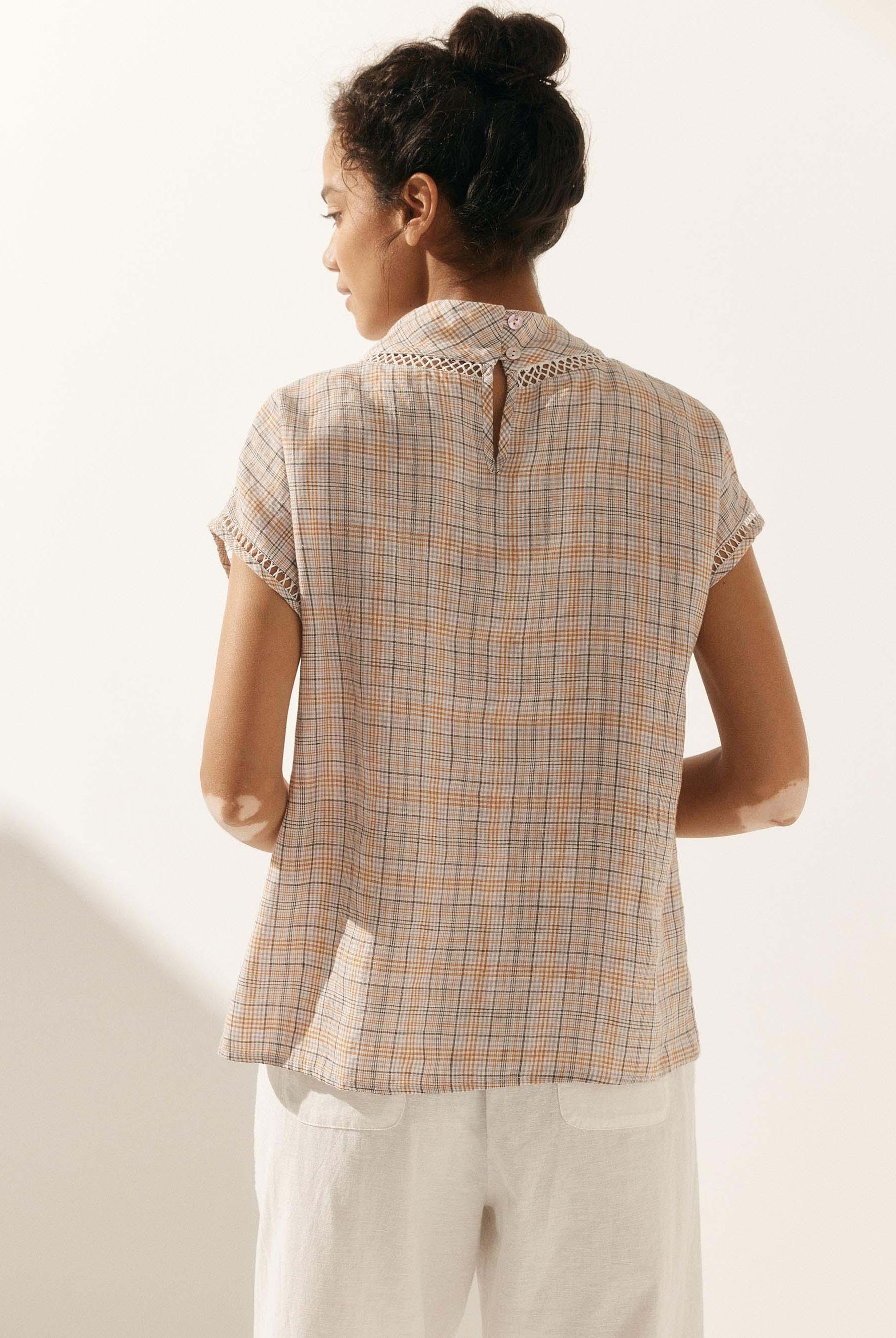 100% Linen Gingham Checked Cutout Turtleneck Top - TOPS-Linen Blouses