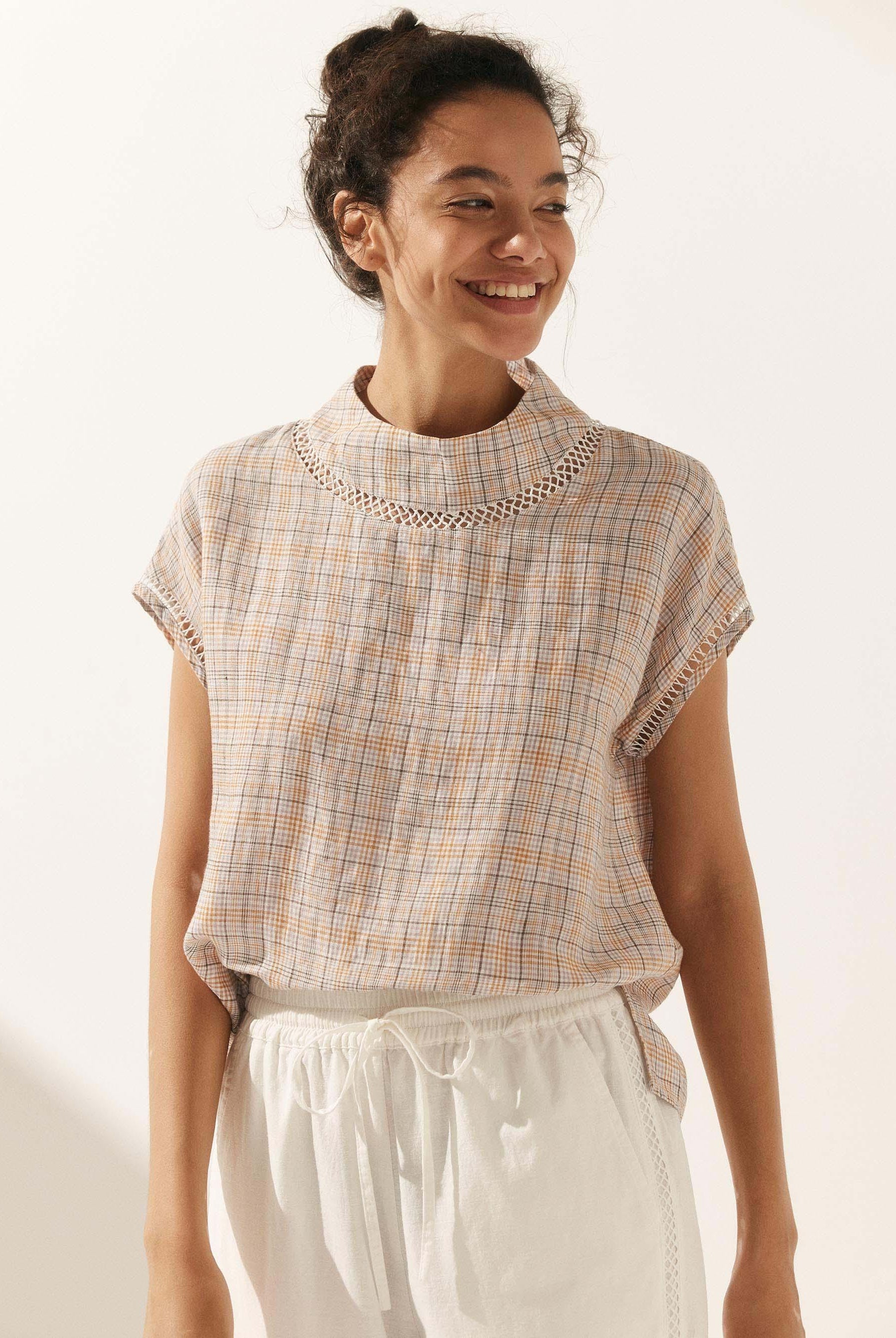 100% Linen Gingham Checked Cutout Turtleneck Top - TOPS-Linen Blouses