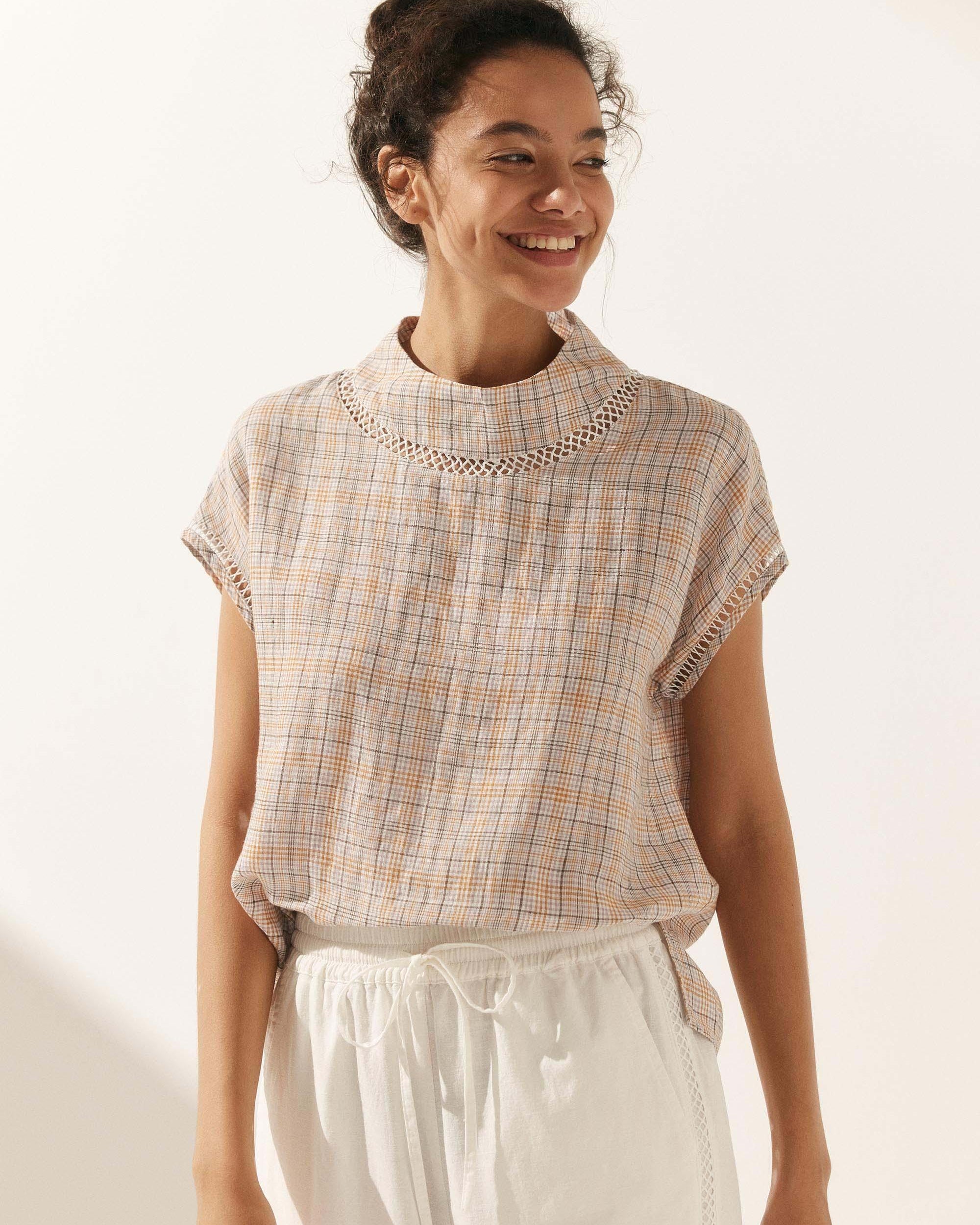 Linen Cutout Turtleneck Top - TOPS-Linen Blouses