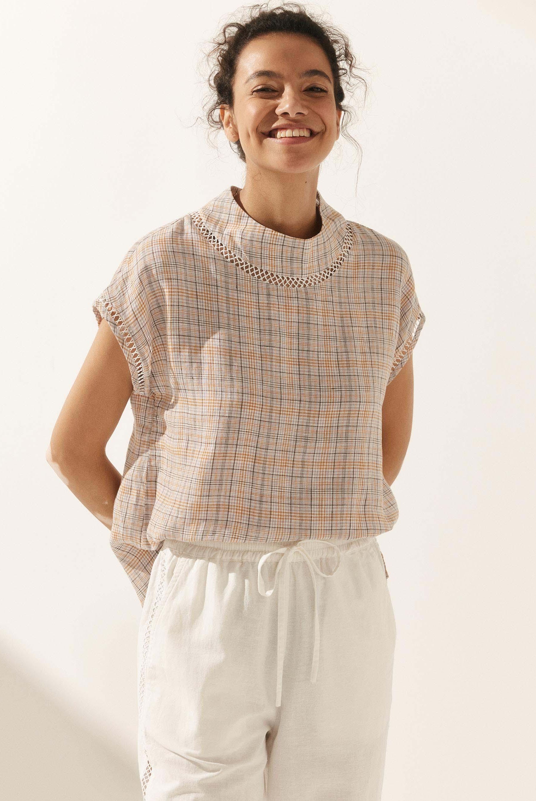 Linen Cutout Turtleneck Top - TOPS-Linen Blouses
