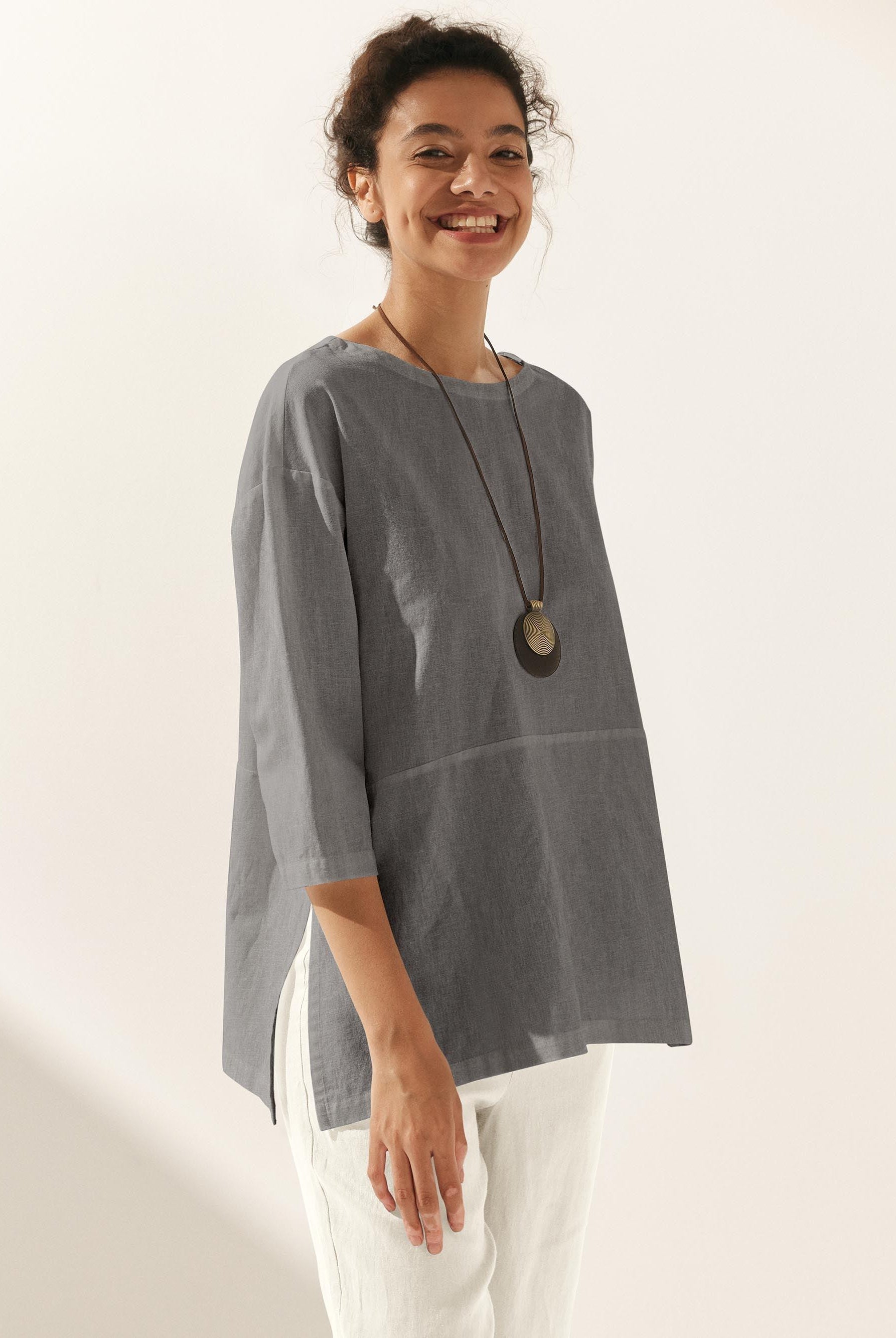 Linen White Boat Neck Oversized Top AVA - TOPS-Linen Blouses