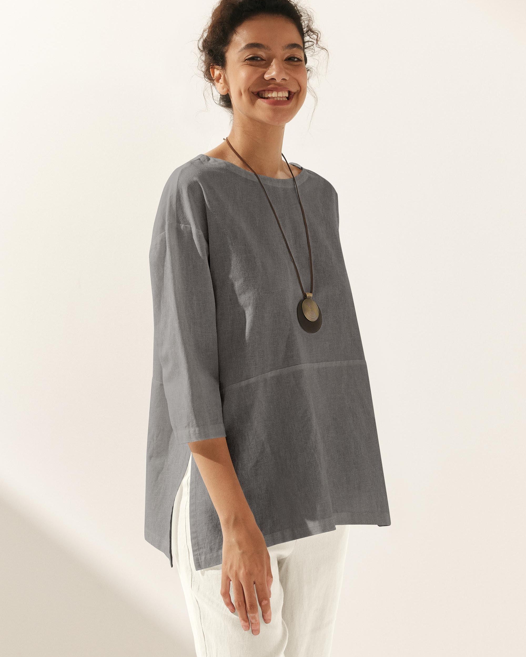 Linen White Boat Neck Oversized Top AVA - TOPS-Linen Blouses