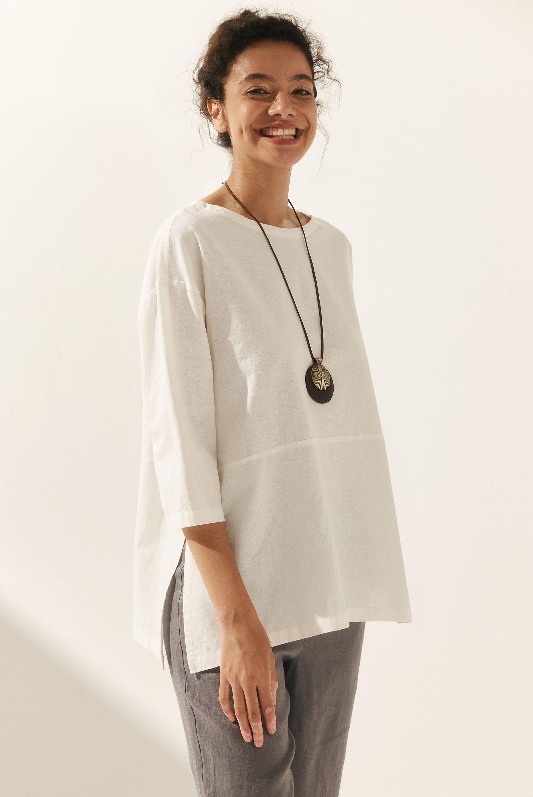 Linen White Boat Neck Oversized Top AVA - TOPS-Linen Blouses