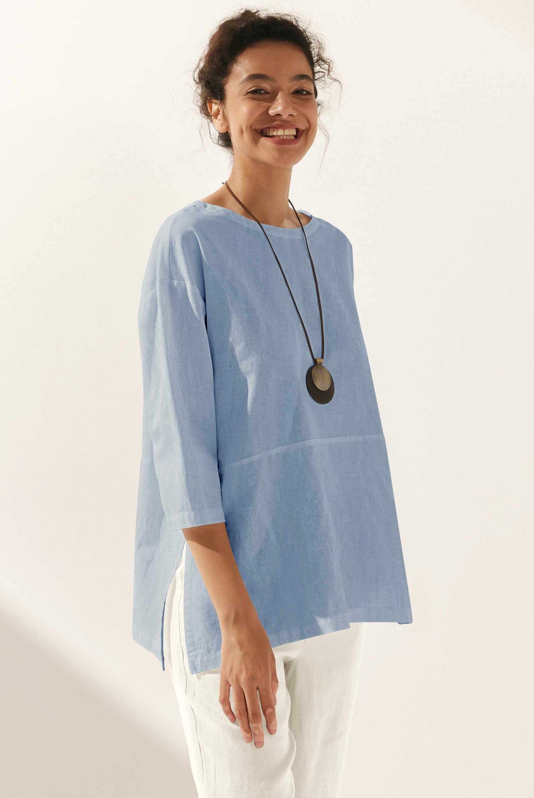 Linen White Boat Neck Oversized Top AVA - Sky Blue / S - TOPS-Linen Blouses