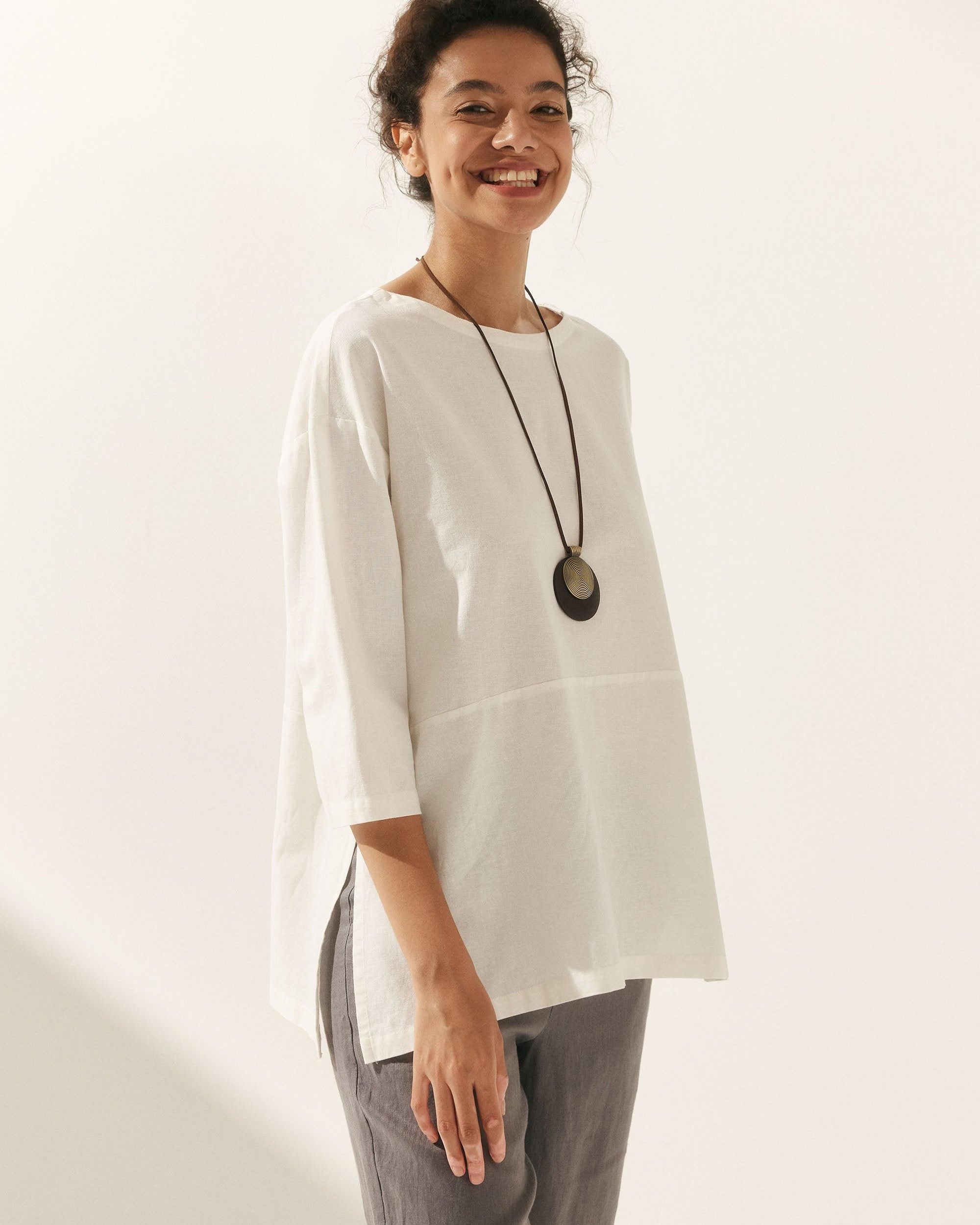 Linen White Boat Neck Oversized Top AVA - TOPS-Linen Blouses