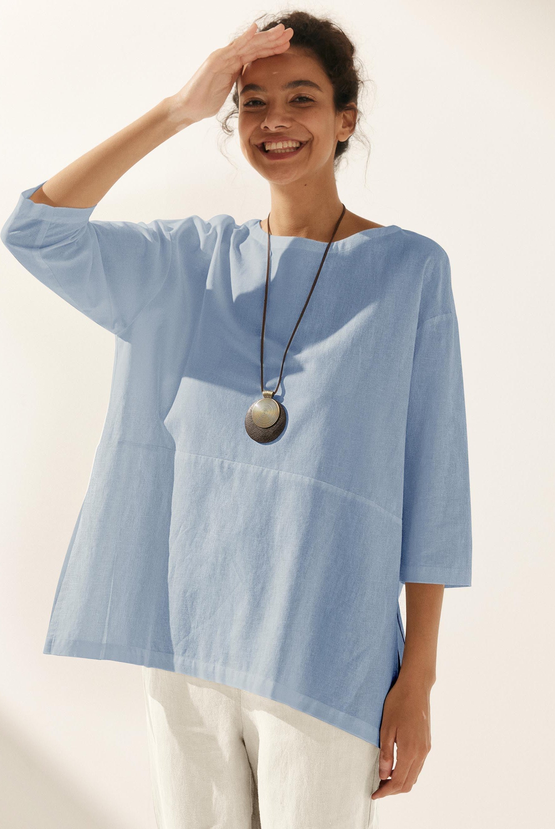 Linen White Boat Neck Oversized Top AVA - TOPS-Linen Blouses