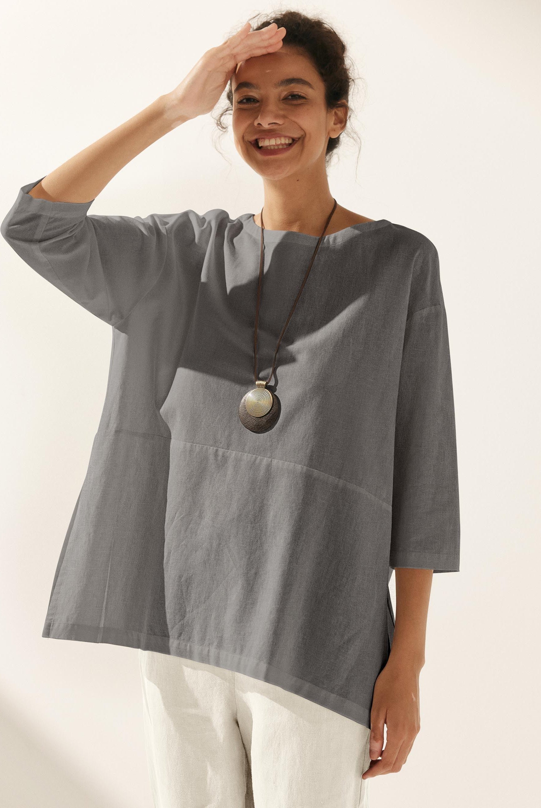 Linen White Boat Neck Oversized Top AVA - Neutral Grey / S - TOPS-Linen Blouses