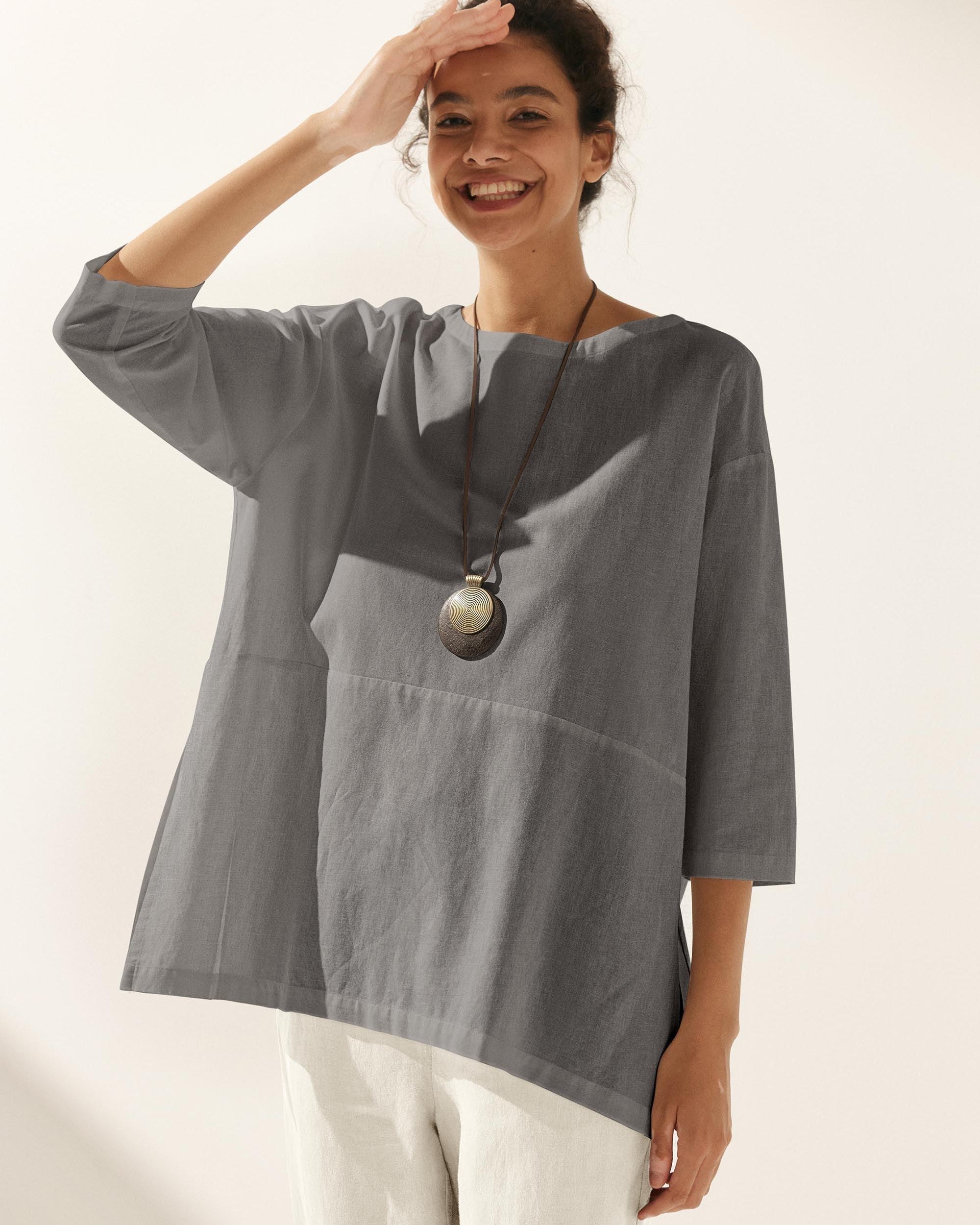 Linen White Boat Neck Oversized Top AVA - Neutral Grey / S - TOPS-Linen Blouses