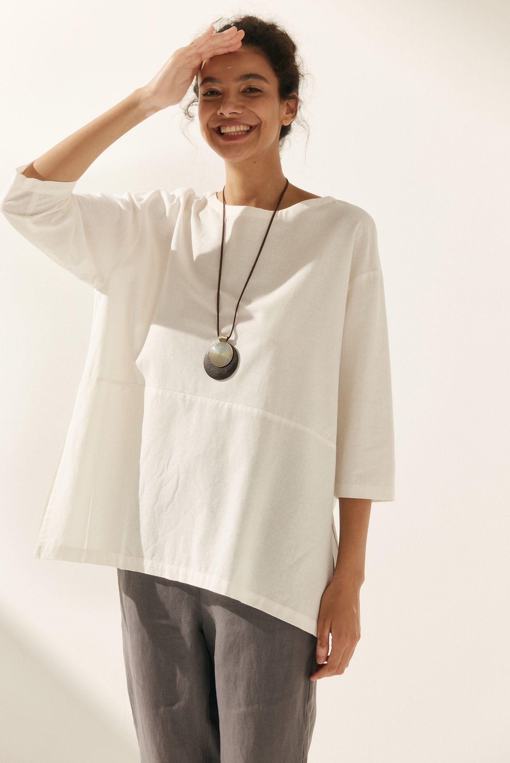 Linen White Boat Neck Oversized Top AVA - Optic / S - TOPS-Linen Blouses