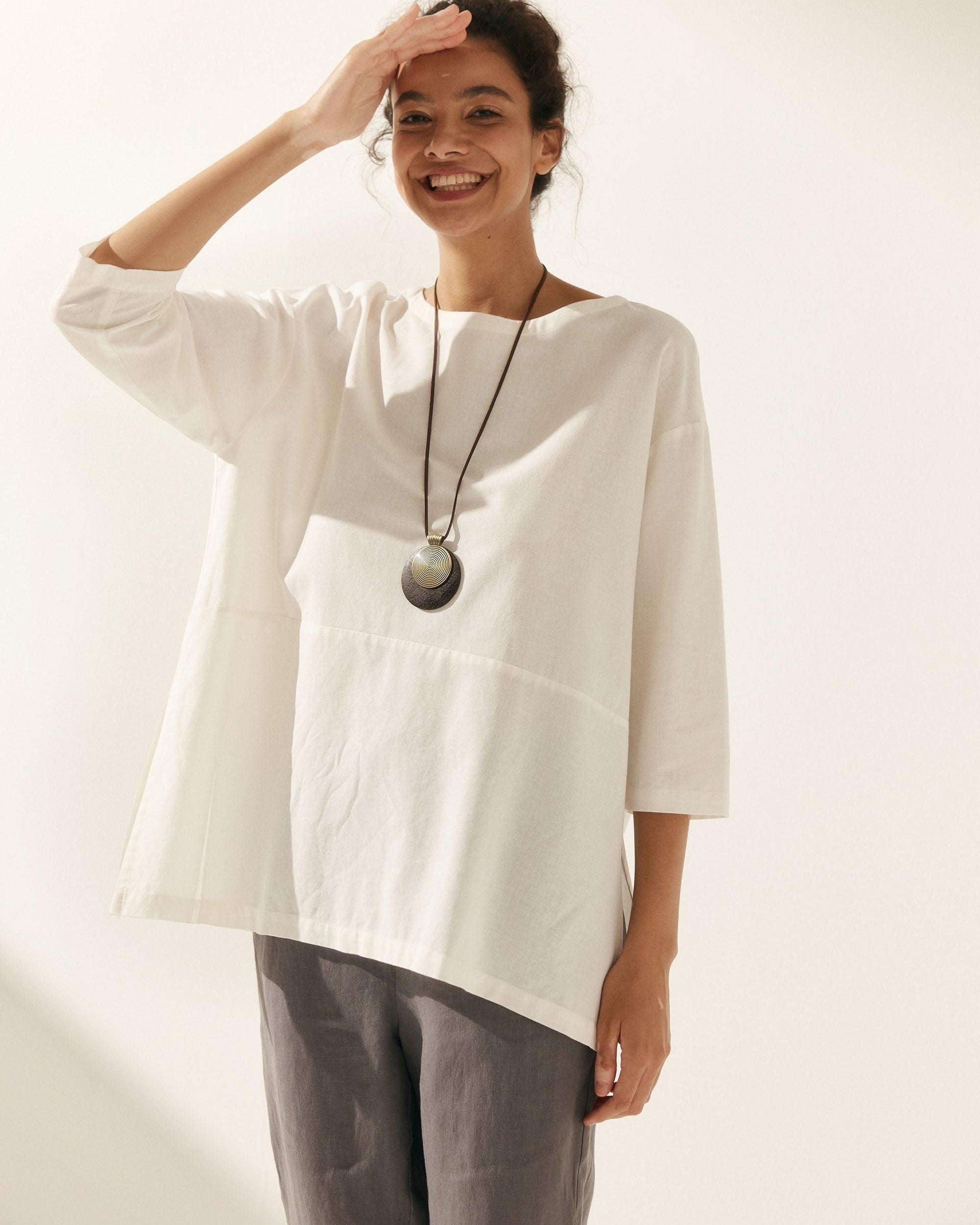 Linen White Boat Neck Oversized Top AVA - Optic / S - TOPS-Linen Blouses