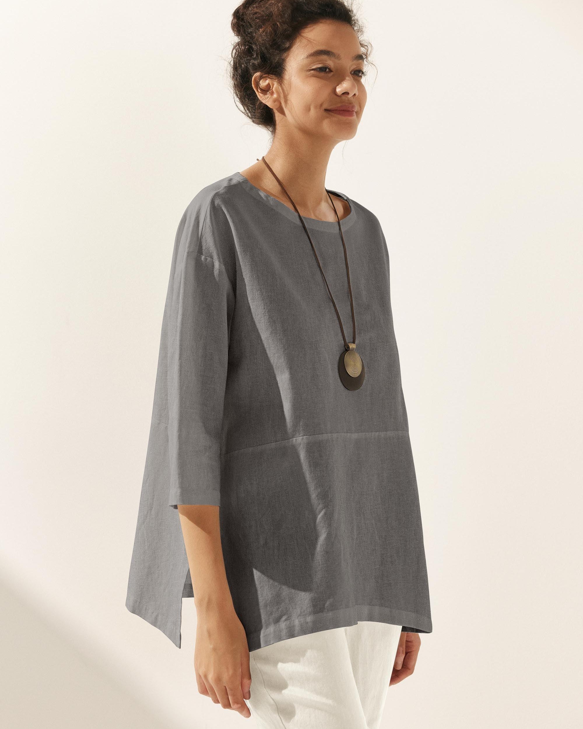 Linen White Boat Neck Oversized Top AVA - TOPS-Linen Blouses