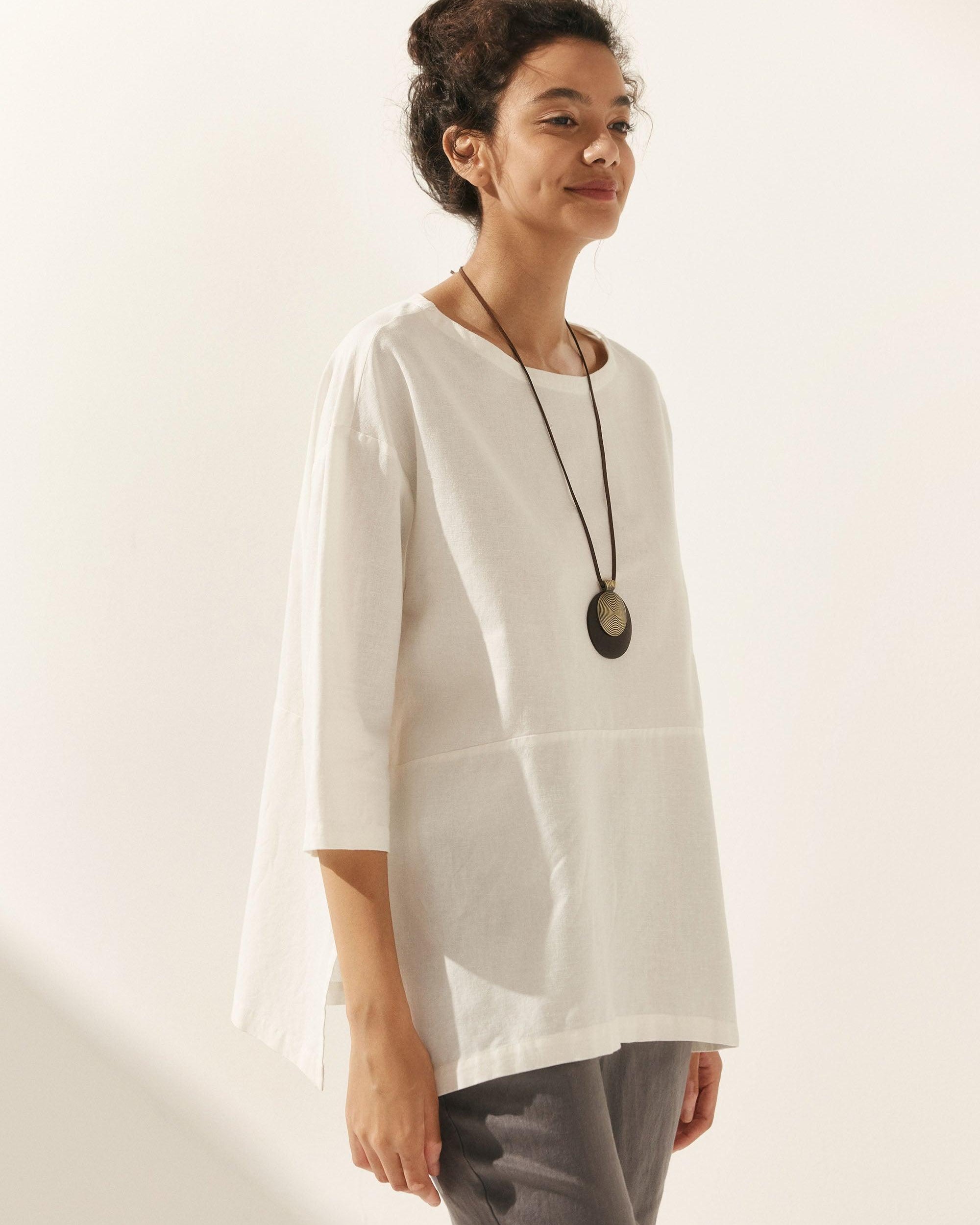 Linen White Boat Neck Oversized Top AVA - TOPS-Linen Blouses