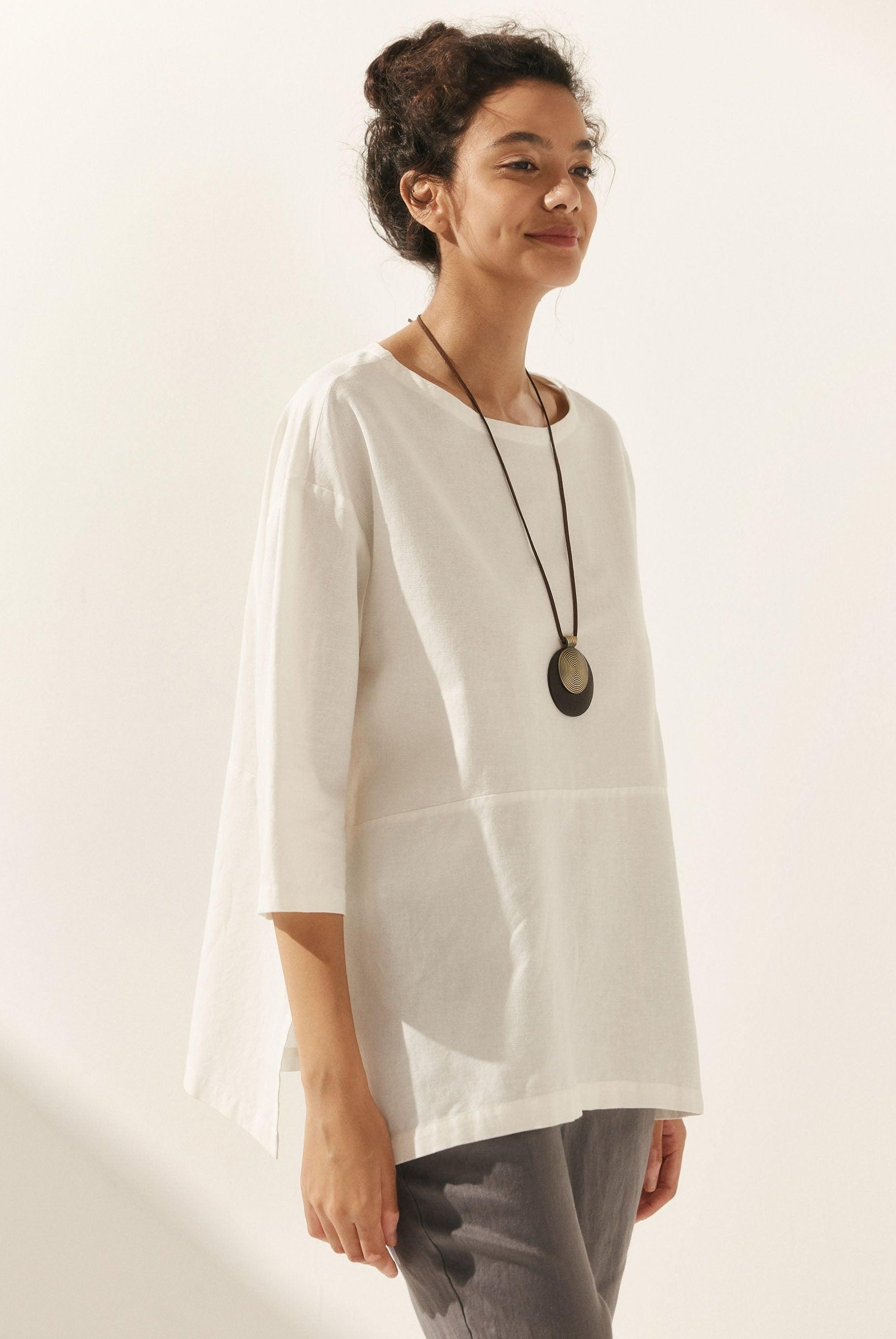 Linen White Boat Neck Oversized Top AVA - TOPS-Linen Blouses