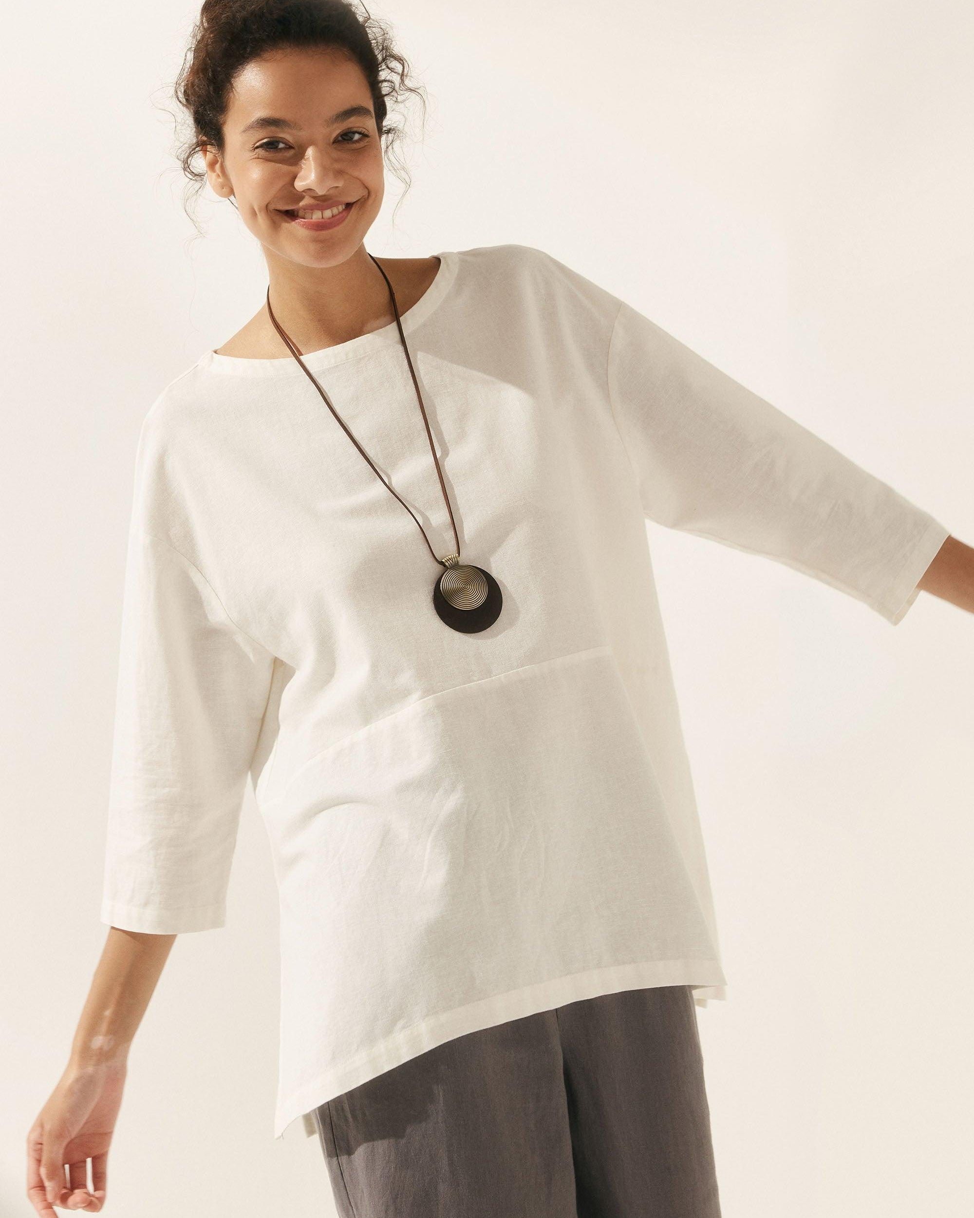 Linen White Boat Neck Oversized Top AVA - TOPS-Linen Blouses
