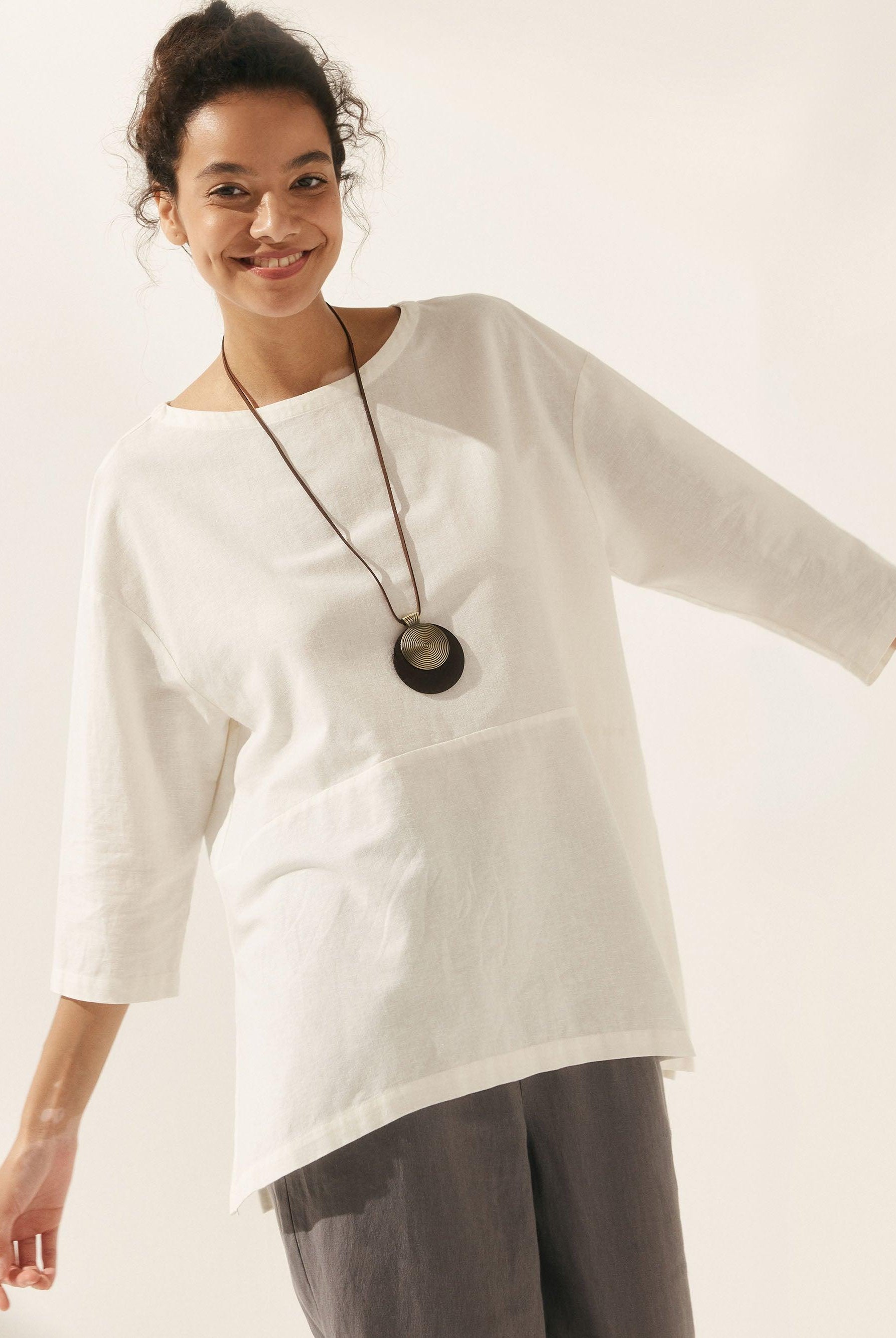 Linen White Boat Neck Oversized Top AVA - TOPS-Linen Blouses