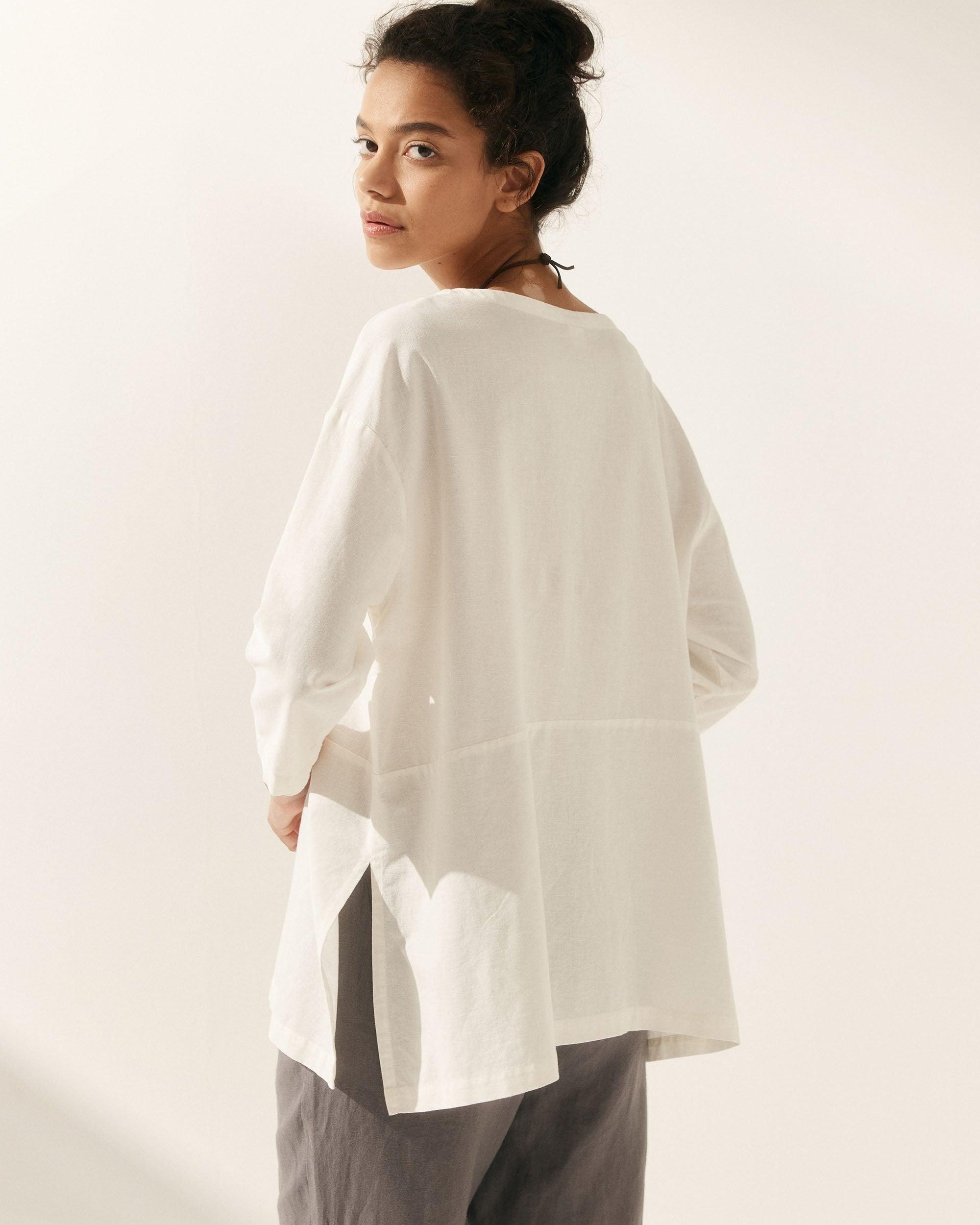 Linen White Boat Neck Oversized Top AVA - TOPS-Linen Blouses