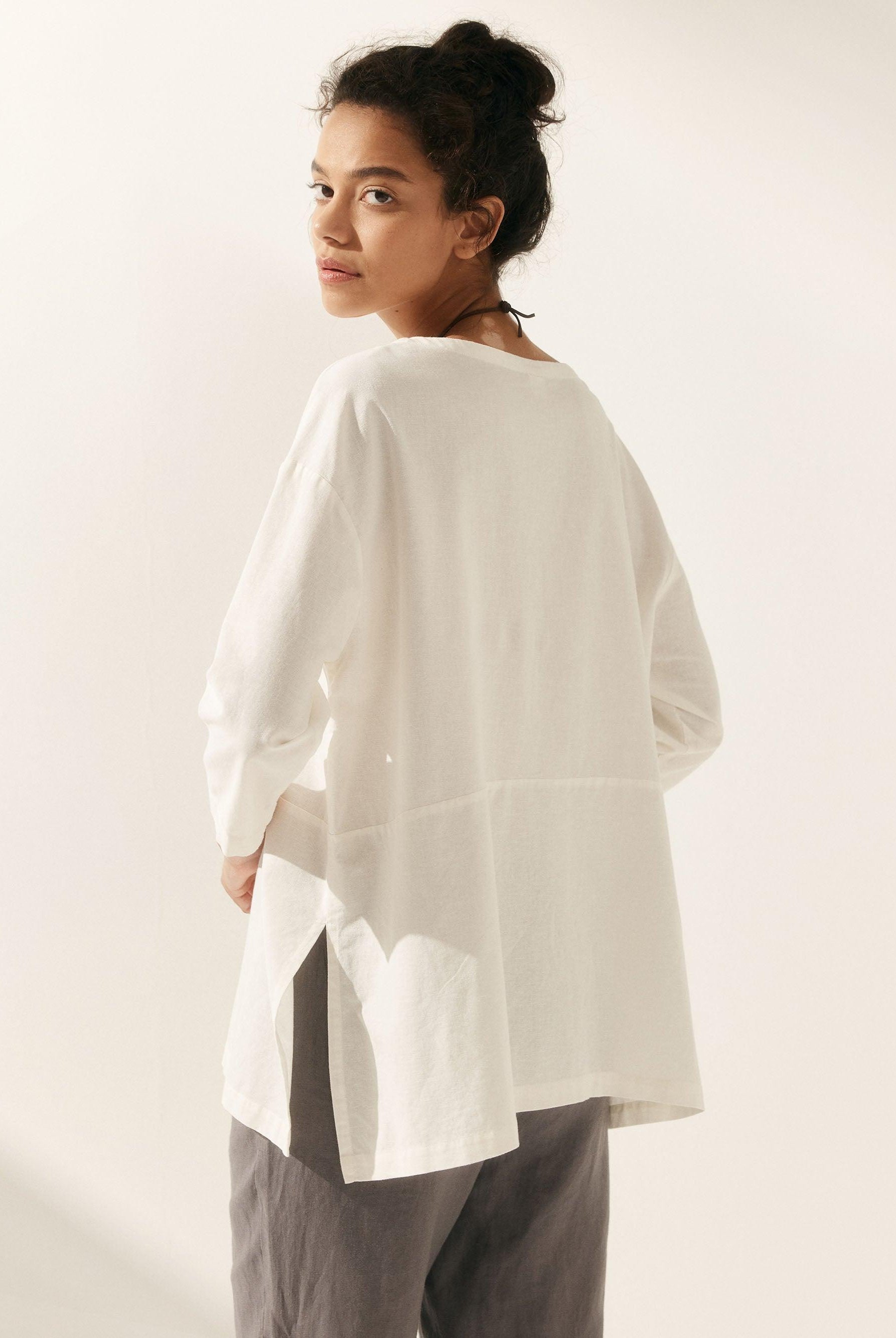 Linen White Boat Neck Oversized Top AVA - TOPS-Linen Blouses