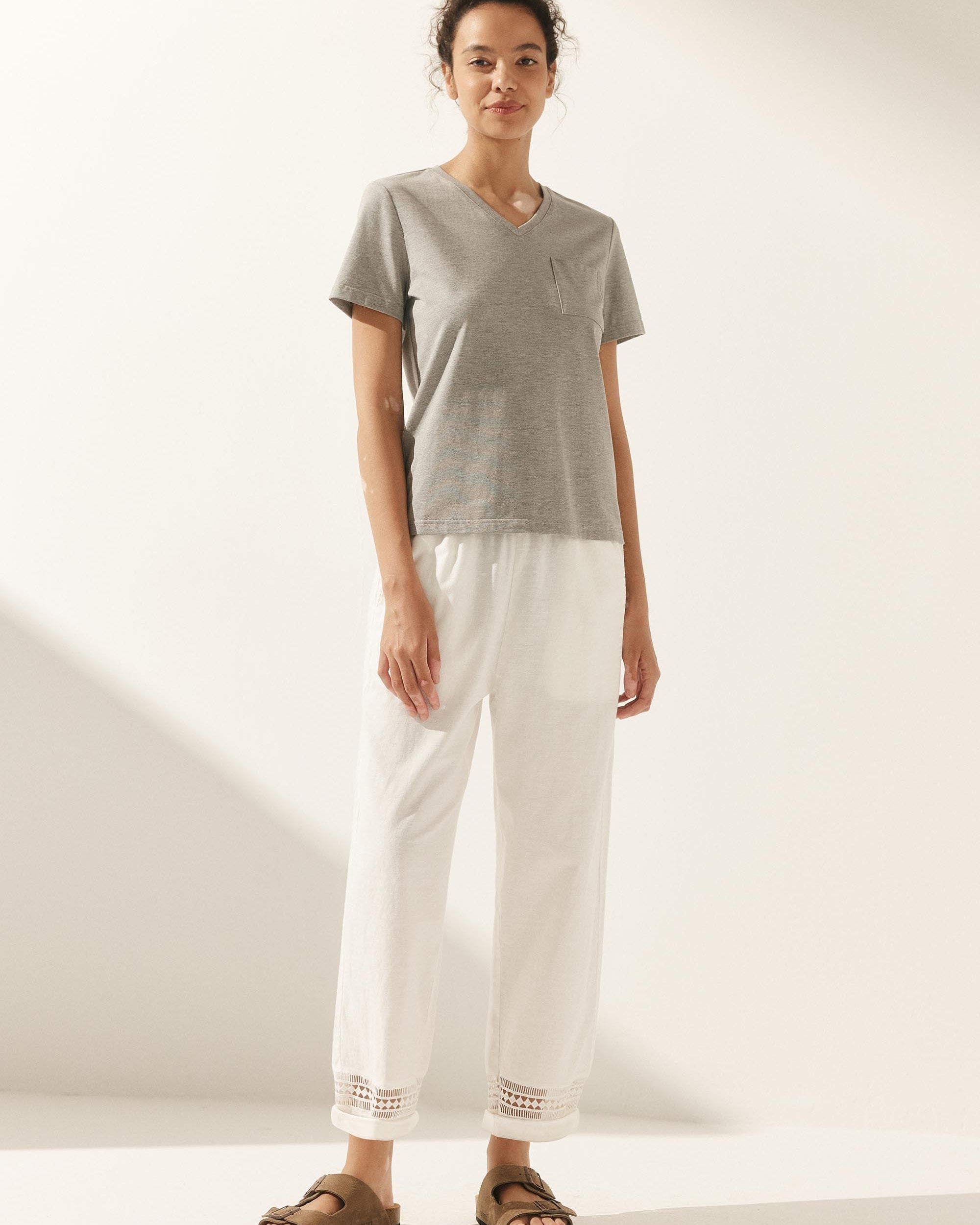 Linen Hollow Lace Stitching Elastic Waist Ankle Length Pants - BOTTOMS-Linen
