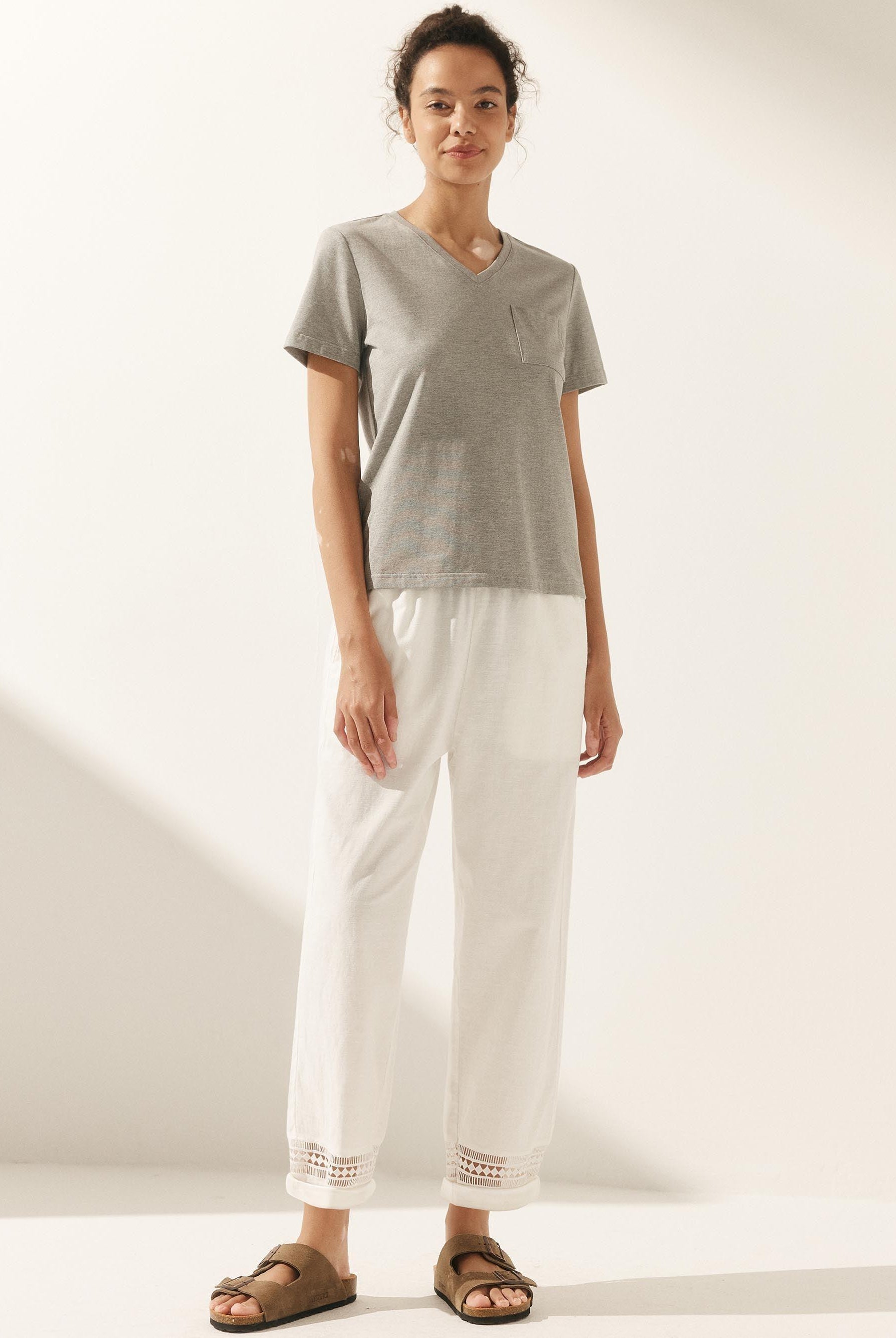 Linen Hollow Lace Stitching Elastic Waist Ankle Length Pants - BOTTOMS-Linen