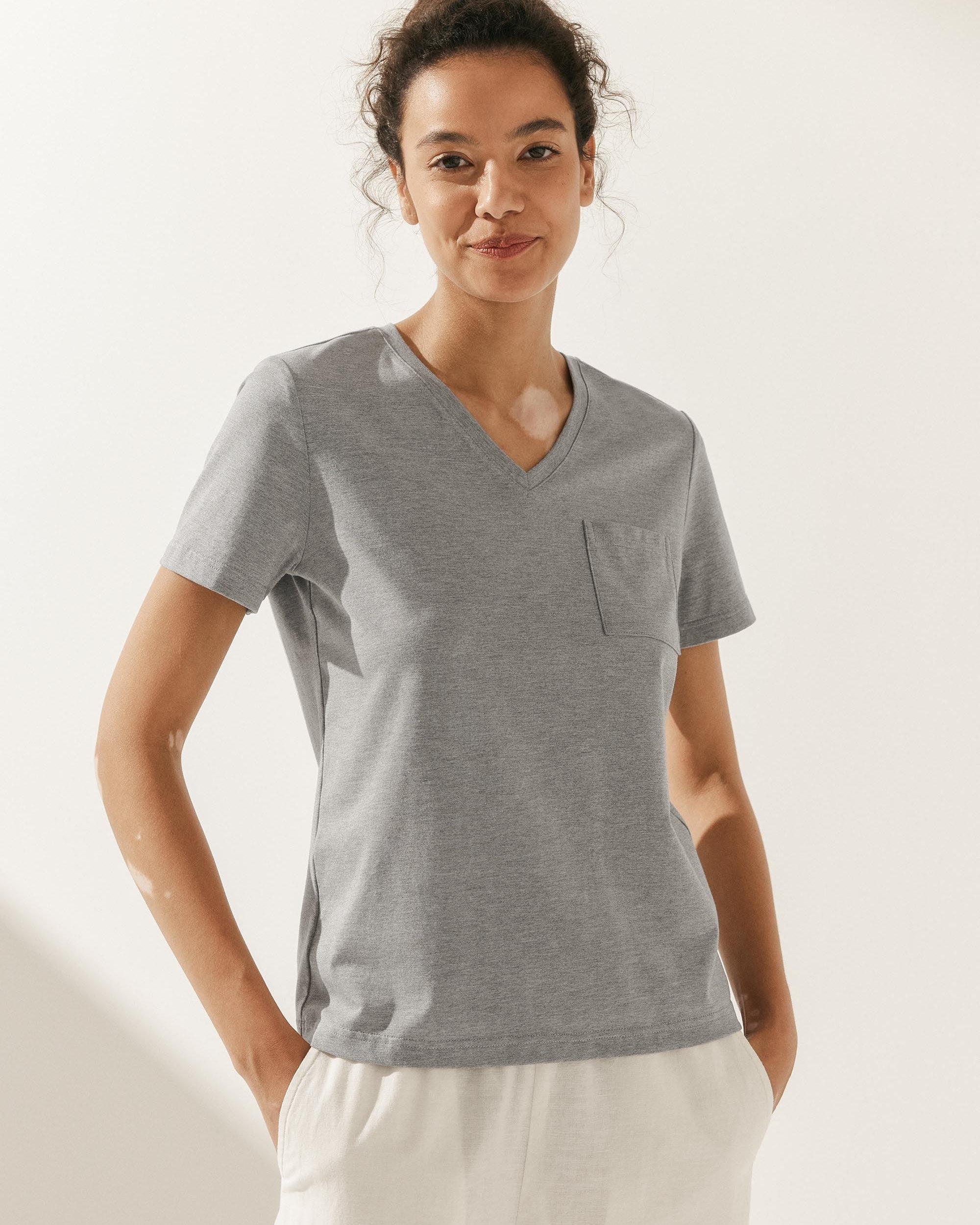 Stretch-Knit Bamboo Classic Basic Tee BELLE - Neutral Grey / V-Neck / S - TOPS-Bamboo Tees